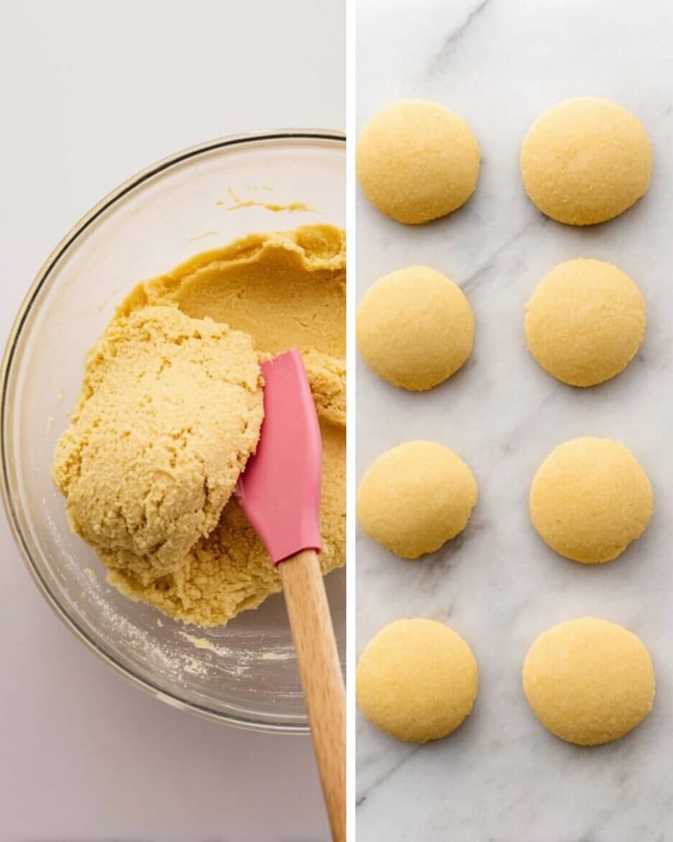 The image is split into two parts: on the left, there is a clear glass bowl containing a thick, pale yellow dough with a soft, slightly rough texture; a wooden spoon with a pink silicone spatula head is partly embedded in the dough, resting at an angle inside the bowl. On the right, there is a white marbled surface with five round, flat dough pieces evenly spaced, each with a smooth, pale yellow color and slightly raised edges, resembling shaped cookies before baking. The photo taken with an iphone --ar 4:5 --v 7