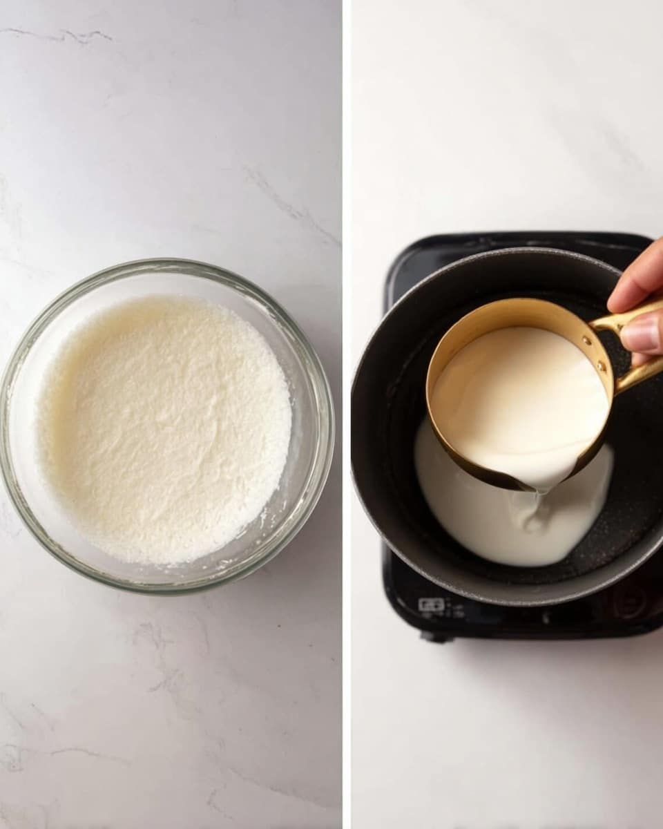 A woman's hand is holding a clear glass bowl filled with white rice grains above a round black pot placed on a black cooking device over a white marbled surface. The second image shows the same black pot on the cooking device filled with white, slightly foamy liquid rice cooking inside, viewed from above. photo taken with an iphone --ar 4:5 --v 7
