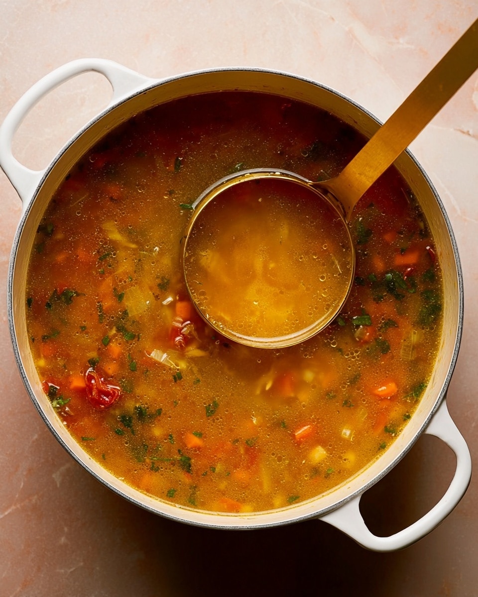 A pot of clear orange broth soup with visible ingredients like small pieces of carrots, green herbs, onions, and tomatoes. The soup has a light, slightly oily texture with bits floating throughout. A white pot with two handles holds the soup, and a large golden ladle is partially submerged in the soup, rising from the center. The pot is set on a white marbled surface. Photo taken with an iphone --ar 4:5 --v 7