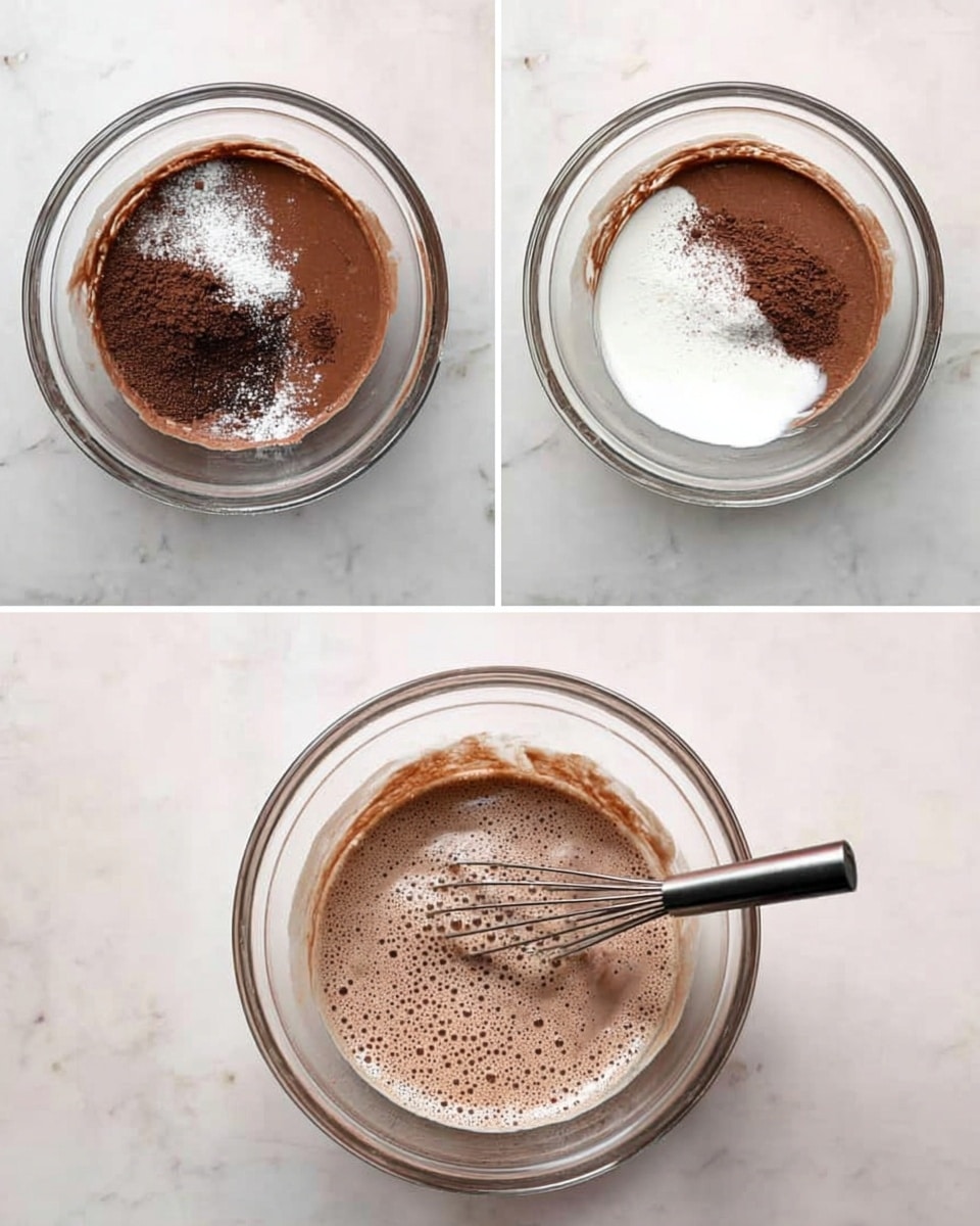 Two clear glasses sit on a white marbled surface with chocolate shavings scattered around. Each glass is filled with three layers: a bottom frothy chocolate layer with tiny bubbles, a middle lighter chocolate layer with a creamy texture, and a top thick white whipped cream layer sprinkled with dark chocolate shavings. The background is a soft light grey, making the drinks stand out. Photo taken with an iphone --ar 4:5 --v 7