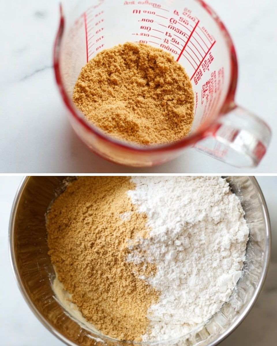The first image shows a clear glass measuring cup filled with about 1 cup of light brown, finely crushed graham cracker crumbs. The glass cup has red measurement marks and is set against a white marbled background. The second image is a close-up of a mixing bowl filled with a mix of creamy, light brown batter on one side and a pile of white flour and the same light brown graham cracker crumbs on the other side, creating a clear split between the ingredients. The mixing bowl is shiny metal, and the surface around it is a white marbled texture. photo taken with an iphone --ar 4:5 --v 7