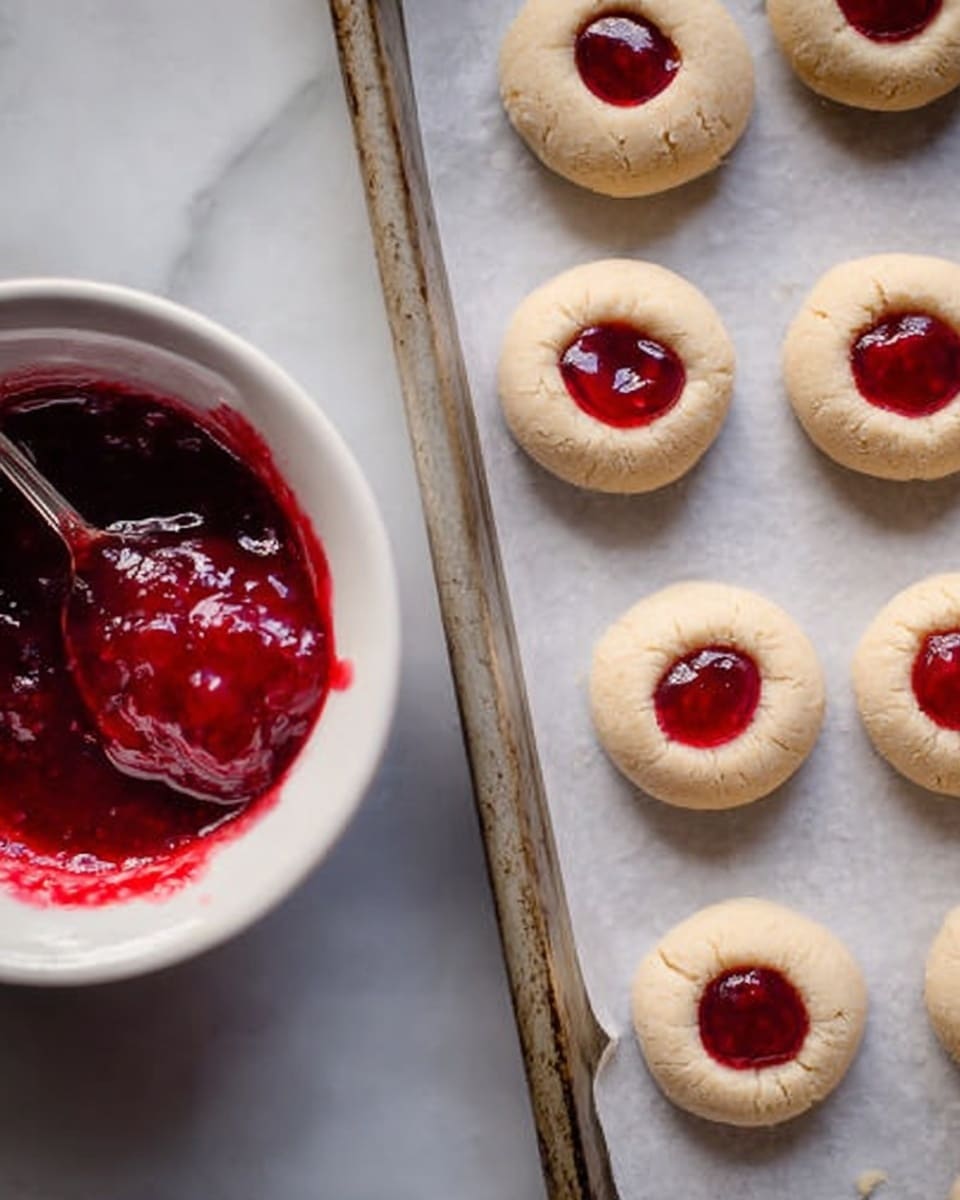 The image shows round cookie dough balls placed on a baking tray lined with parchment paper. Each cookie has a small, smooth, shiny red jam filling in the center, creating a thumbprint effect. On the left side of the image, there is a white bowl with bright red jam inside, and a spoon resting in the jam, with some jam spread on the sides of the bowl. The background is a white marbled texture. photo taken with an iphone --ar 4:5 --v 7