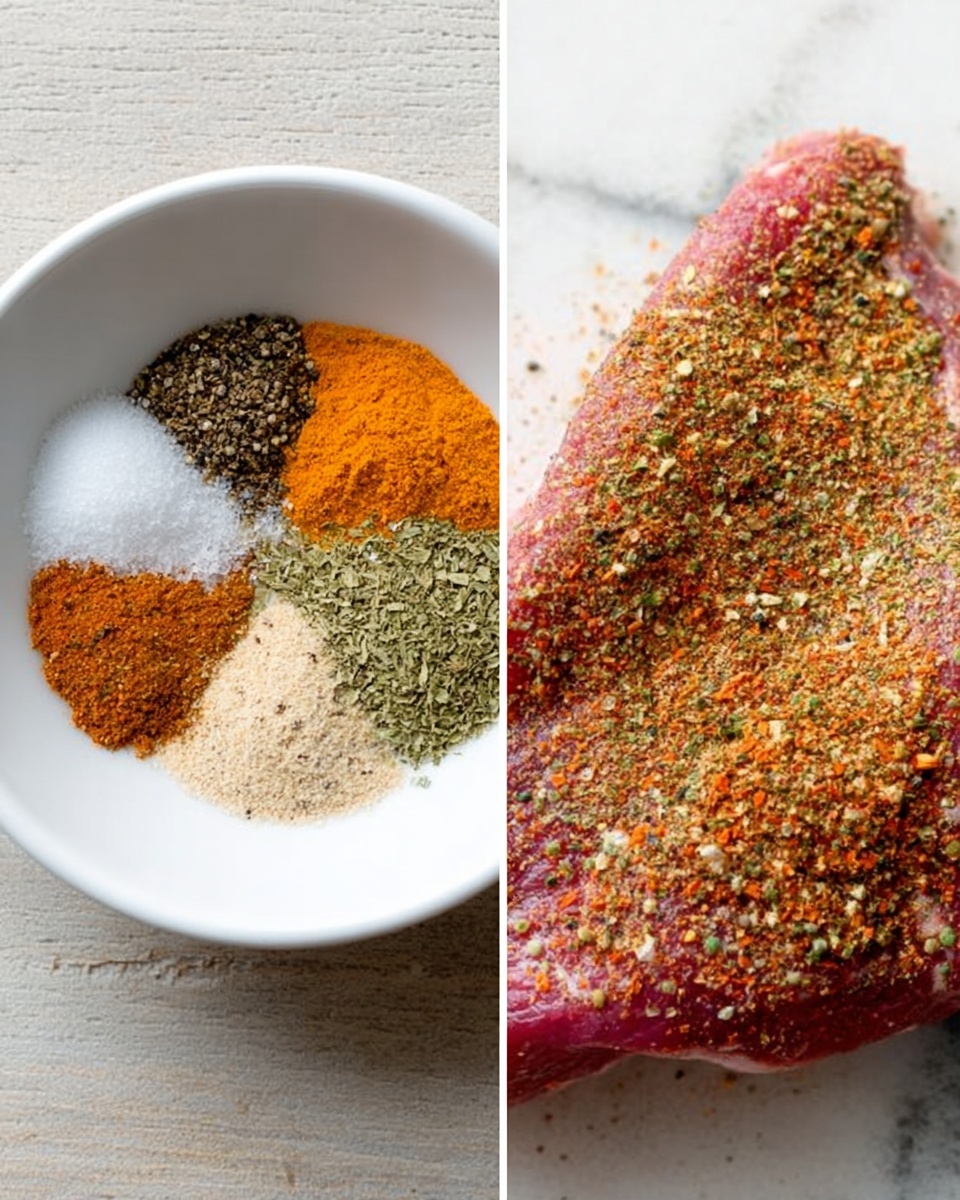 The image shows two main parts: on the left, a white bowl holds six different spices arranged separately in sections, each with its own color and texture including white salt, black pepper, orange powder, brown powder, crushed green leaves, and beige granules. On the right, a piece of raw meat lies flat on a white marbled surface, covered evenly with a colorful mix of dry spices similar to those in the bowl, creating a textured, speckled layer on the meat. photo taken with an iphone --ar 4:5 --v 7