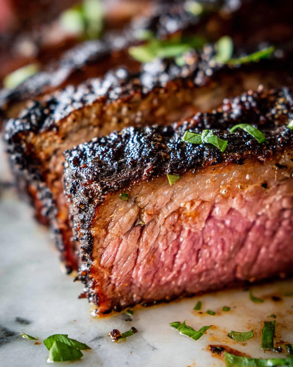 A white plate holds three thick slices of roasted beef with a dark, crispy outer edge and a pinkish center, showing tender texture. Alongside the beef is a rich pile of baked beans mixed with small diced onions, showing a glossy, sauce-coated surface. The plate sits on a white marbled texture with coarse chopped white onions and a green pepper just visible near the top edge. Around the plate are small white bowls filled with crispy bacon pieces. The photo taken with an iphone --ar 4:5 --v 7
