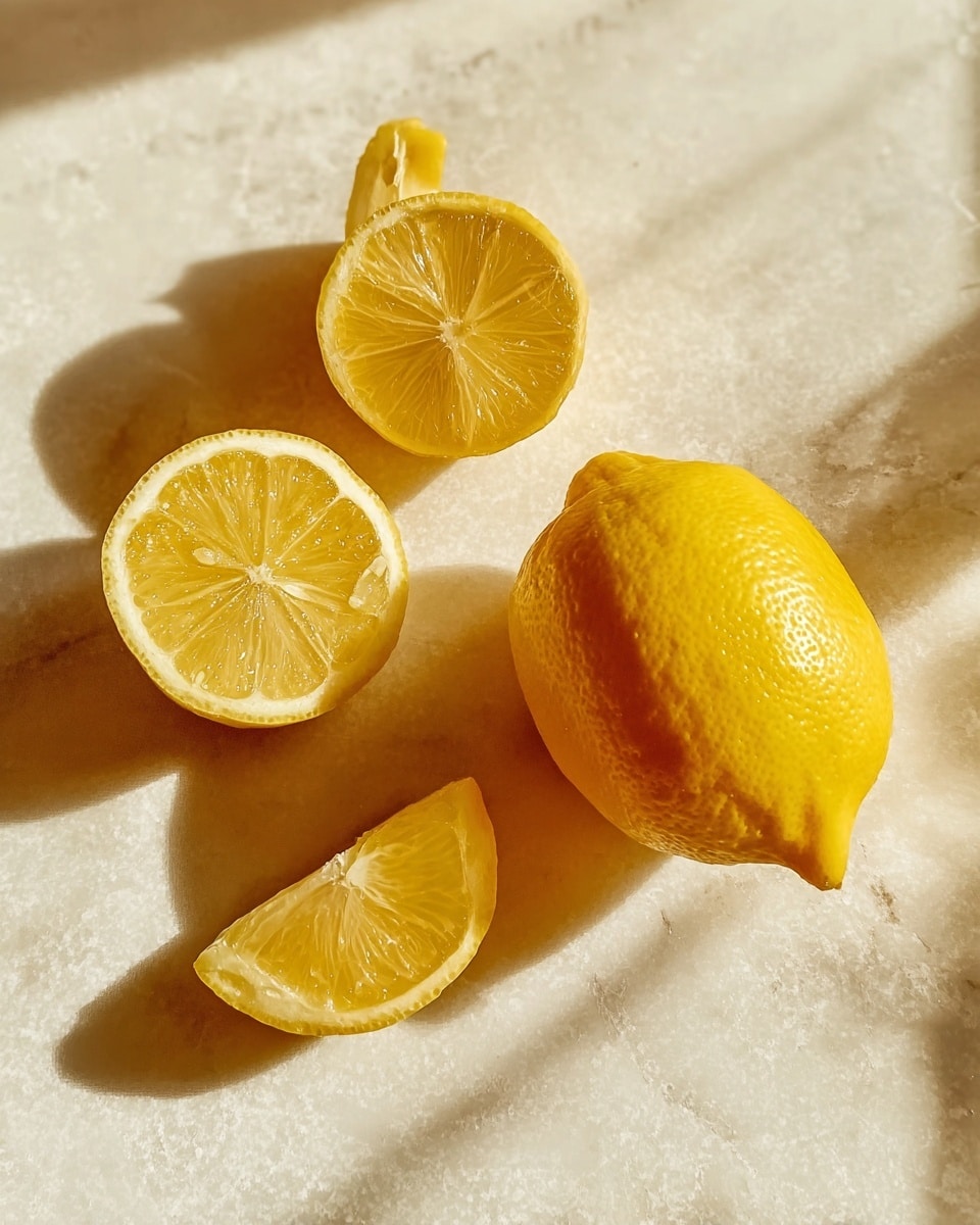 The image shows one whole yellow lemon with smooth, slightly shiny skin on the right side over a white marbled surface. To the left, there are three lemon halves positioned with the cut side up, revealing the juicy, translucent yellow flesh with visible segment lines and a central core. The light casts soft shadows to the left of each lemon, adding depth and highlighting the texture of the lemon skin and flesh. The overall scene is bright with warm tones and natural lighting. photo taken with an iphone --ar 4:5 --v 7