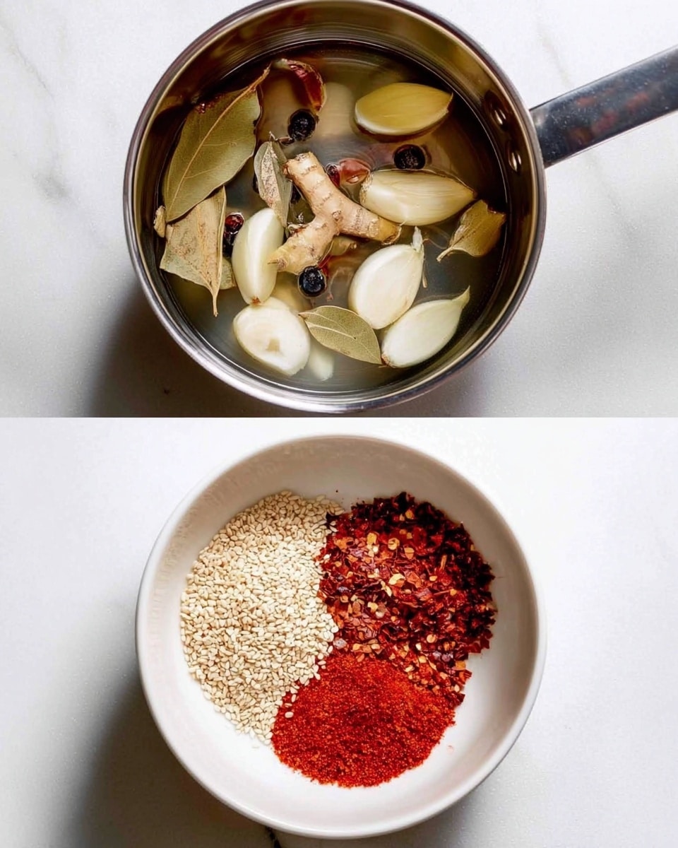 The image shows two parts: the top part is a silver pot filled with clear liquid holding sliced light brown garlic, thin bulky beige peeled galangal slices, whole black peppercorns, and small light brown dried bay leaves floating on white marbled surface. The bottom part shows a white bowl containing three dry ingredients separated into sections on white marbled surface—the left section has small white sesame seeds, the middle section is bright red powdered chili, and the right section has crushed light reddish chili flakes. Photo taken with an iphone --ar 4:5 --v 7