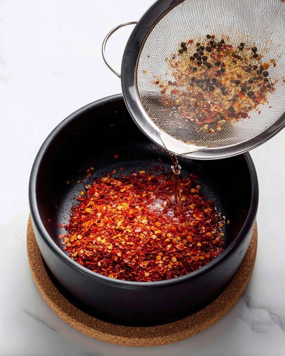 A black bowl filled with red chili flakes sitting on a round cork coaster against a white marbled background. In the second part of the image, hot oil is being poured through a fine metal sieve containing bay leaves and peppercorns above the chili flakes, causing bubbling and steam inside the bowl. Photo taken with an iphone --ar 4:5 --v 7