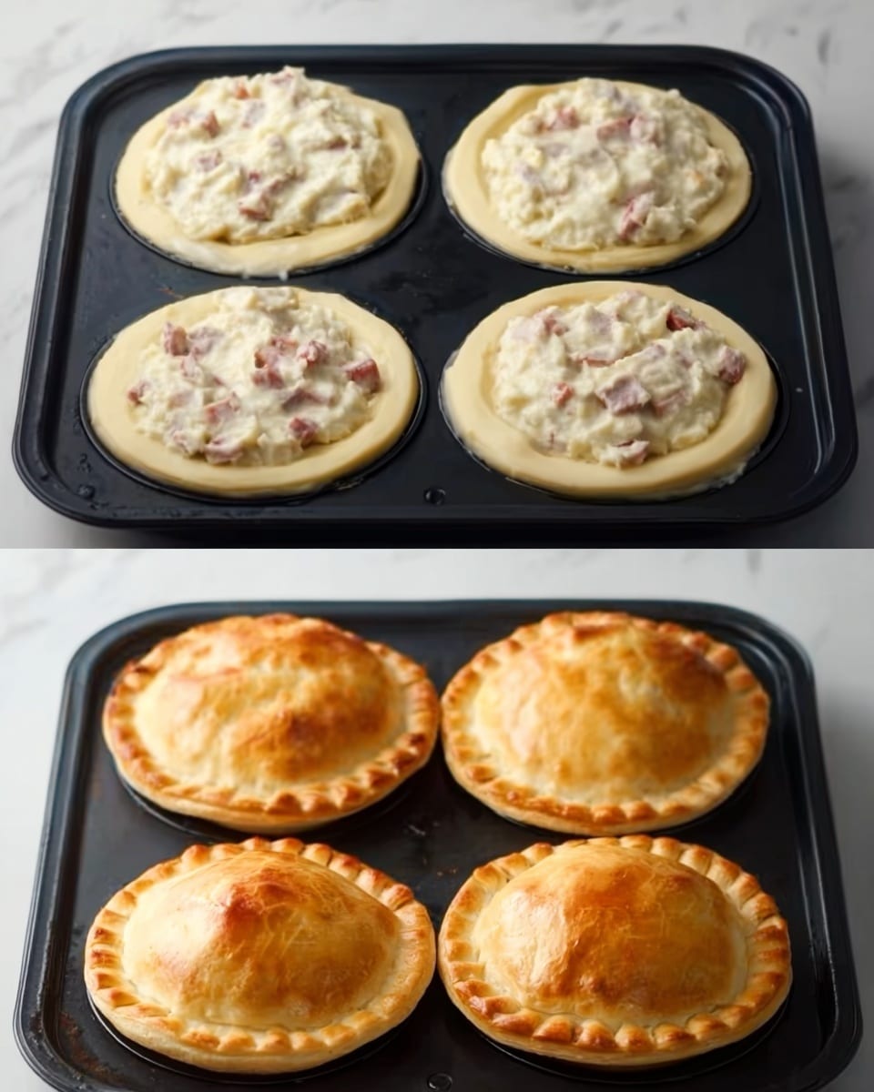 Five golden brown pies with crimped edges sit on white parchment paper over a silver cooling rack. Each pie has a shiny, smooth, and slightly puffy top crust, with one pie showing a creamy filling with bits of textured ingredients spilling from a small bite. The scene is set on a white marbled surface, with a light teal cloth visible on the side and white patterned plates stacked in the corner. Photo taken with an iphone --ar 4:5 --v 7