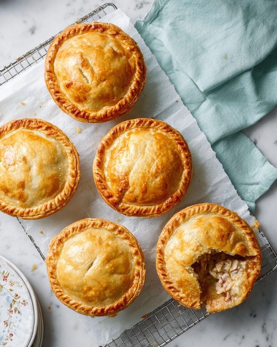 The image shows a two-part view of a cooking tray with four round portions. The top part has four open dough circles with thick, creamy white filling mixed with small pink and light brown bits placed in the center of each dough. The dough is pale yellow with smooth edges, and the filling looks soft and chunky. The bottom part shows the same tray with the portions now closed and baked into golden brown, domed pies with crimped edges, giving a slightly shiny and smooth crust finish. The tray is black and rests on a white marbled surface. Photo taken with an iphone --ar 4:5 --v 7