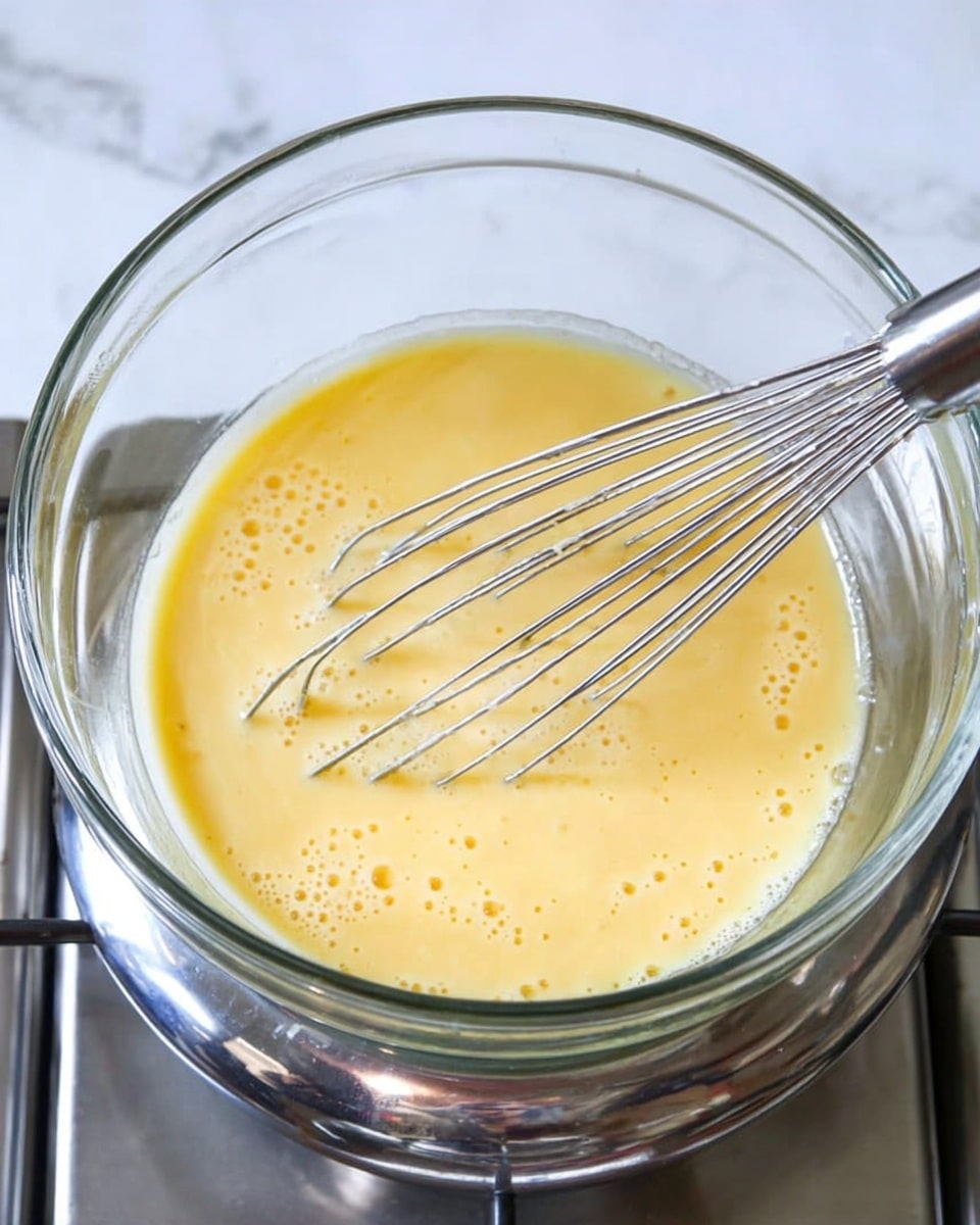 The image shows a clear glass bowl containing a smooth, pale yellow mixture with small bubbles on the surface. Inside the bowl, there is a metal whisk with thin wires resting in the mixture. The glass bowl is placed over a shiny silver metal pot on a stove burner. The background and surface are a white marbled texture. photo taken with an iphone --ar 4:5 --v 7