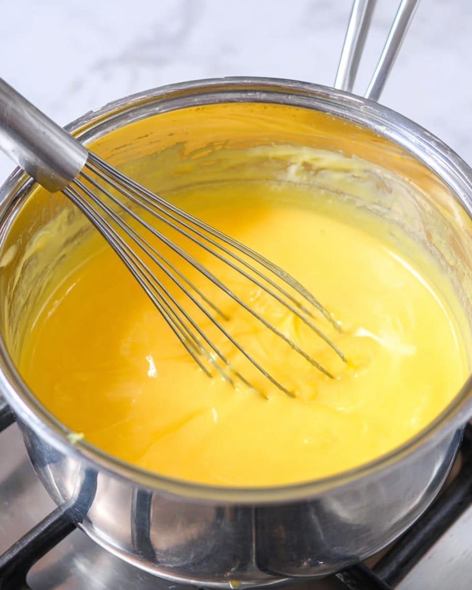 A clear glass bowl filled with smooth, thick yellow mixture sits on top of a shiny silver pot on a stove. Inside the bowl, there is a metal whisk partially dipped into the yellow mixture, showing thin wires spaced apart. The silver pot below reflects some light and has clean, shiny surfaces. The background features a white marbled texture, and the image captures a close-up view of the cooking process. Photo taken with an iphone --ar 4:5 --v 7