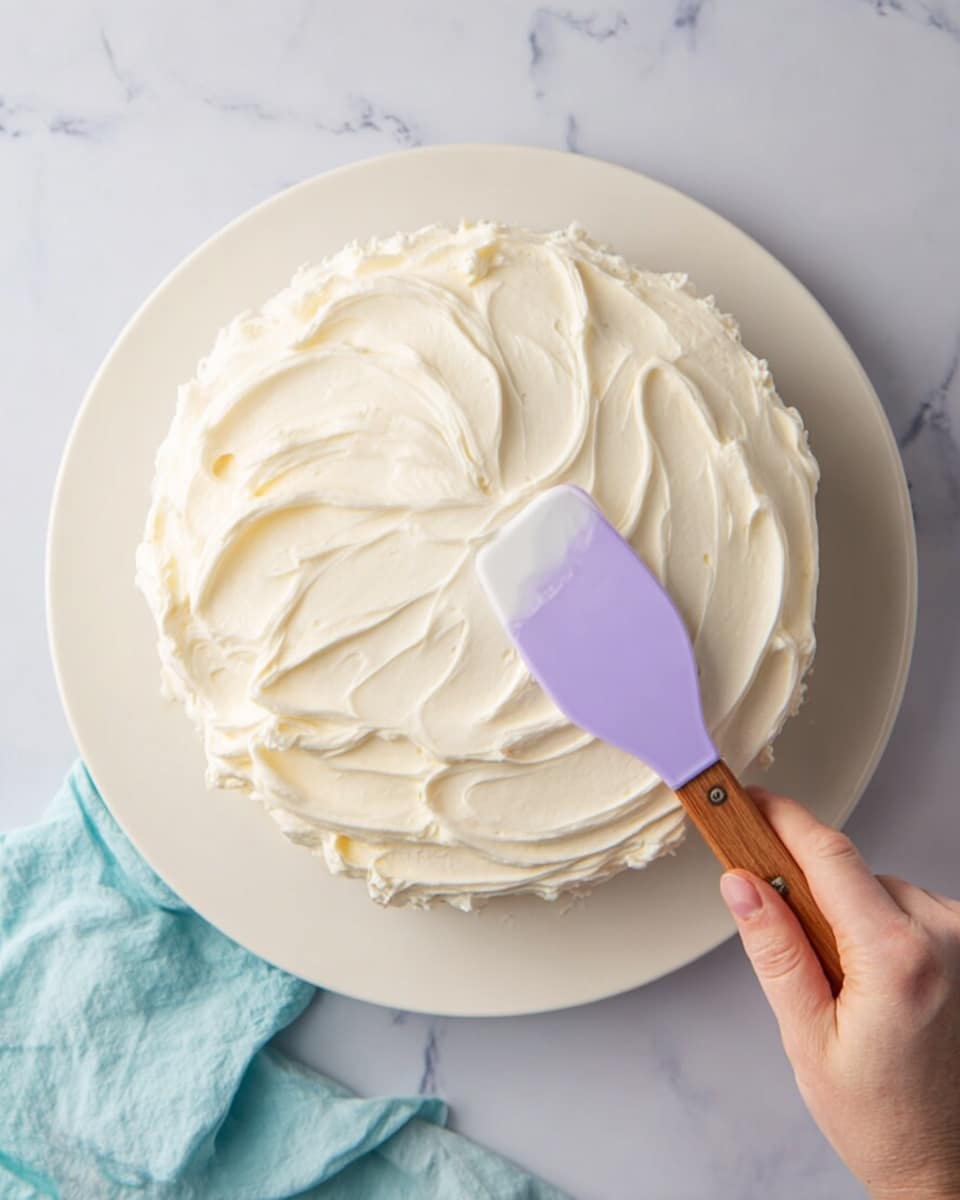 The image shows a white round cake on a white plate with a white marbled surface underneath. The cake has one visible layer covered with a thick, creamy off-white frosting that is being spread smoothly on top by a woman's hand holding a purple spatula with a wooden handle. The frosting has a soft, smooth texture with swirls created by the spreading motion. A light blue cloth is partially visible on the lower left corner of the scene. Photo taken with an iphone --ar 4:5 --v 7
