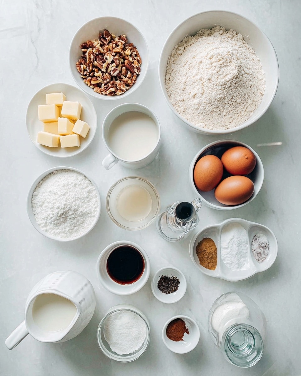 A top view of various baking ingredients arranged neatly on a white marbled surface, including a large white bowl filled with flour at the top right, a white bowl with chopped nuts at the top left, and an oval white bowl holding two brown eggs near the center right. Smaller white bowls hold sugar, yeast, and powdered sugar placed around the larger bowls. A white mug contains milk, and next to it is a small plate with cubes of butter. A glass bottle with clear liquid is centered among the ingredients. Additional items include a small white pitcher, a small cup with dark vanilla extract, a white container with black pepper, and a small bowl of cinnamon, all spaced evenly. The clean setup focuses on the soft textures and natural colors of the baking ingredients. photo taken with an iphone --ar 4:5 --v 7