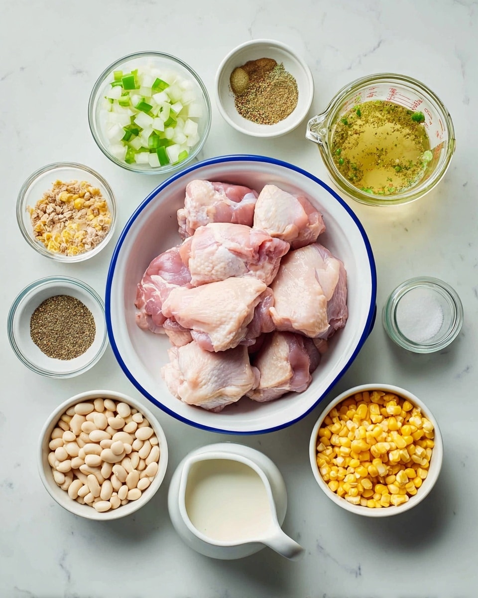 A top-down view of several white bowls and a glass measuring cup arranged neatly on a white marbled surface. At the center, a white bowl with a blue rim is filled with plump raw pink chicken thighs. Surrounding this are small white bowls containing diced white onions, chopped green bell peppers, yellow corn kernels, and white beans. A small glass bowl holds mixed dried spices in light brown and dark green shades, and another small glass bowl contains black pepper and salt. There is a small white pitcher with cream or milk and a small jar filled with a white creamy substance, possibly sour cream. The glass measuring cup contains a light yellow liquid with visible herbs. photo taken with an iphone --ar 4:5 --v 7