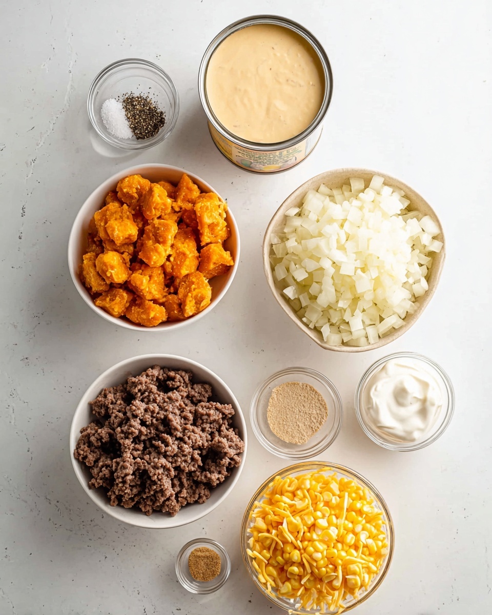 The image shows eight bowls and a can with different food ingredients arranged neatly on a white marbled surface. At the top left, there is a small clear bowl with salt and black pepper mixed. Next to it is a can of creamy soup with a beige and light yellow color. Below the salt and pepper bowl is a white bowl filled with orange chunks of tempeh. To the right of the tempeh is a small beige bowl full of chopped white onions. Below the tempeh, there is a white bowl packed with cooked ground beef in small pieces. To the right of the ground beef is a small beige bowl filled with shredded yellow cheese. Below the ground beef is a clear bowl containing yellow corn kernels. Next to the corn is a small clear bowl containing a small amount of light brown powder, and above it is a clear bowl with white sour cream. The arrangement is orderly and all elements are clearly visible. photo taken with an iphone --ar 4:5 --v 7