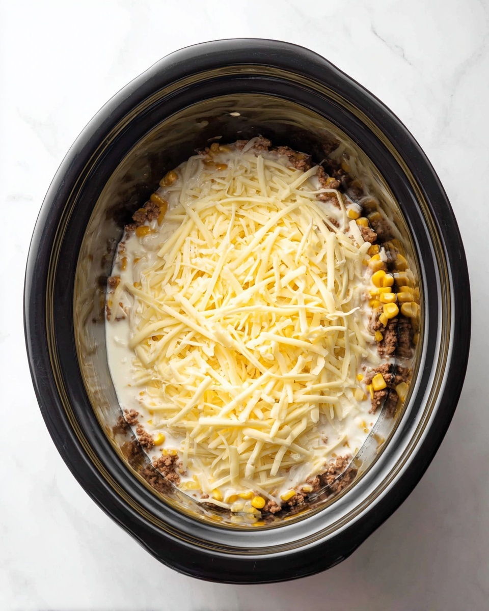 A black slow cooker filled with layers: at the bottom, there is a mix of brown cooked ground meat and small pieces of yellow corn; on top of that is a thick white creamy sauce spread evenly; the top layer is covered with shredded light yellow cheese, scattered across the surface. The cooker is set on a white marbled surface. photo taken with an iphone --ar 4:5 --v 7