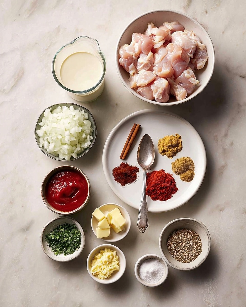 The image shows ingredients arranged neatly on a white marbled surface. There is one large white bowl filled with pale pink raw chicken pieces in the top right corner. Below it, a white plate holds a cinnamon stick in the center surrounded by five piles of spices in shades of brown, red, and orange, with an old silver spoon resting on one pile. To the left of the chicken, a clear glass jug is filled with creamy white liquid, and next to it is a white bowl filled with chopped white onions. Below the onion bowl are two small metallic bowls, one containing bright red tomato paste and the other with chunks of pale yellow butter. Scattered around these are smaller white bowls with minced garlic, chopped green herbs, salt, yellow minced ginger, dry seeds, and other spices, creating a balanced and colorful ingredient layout photo taken with an iphone --ar 4:5 --v 7
