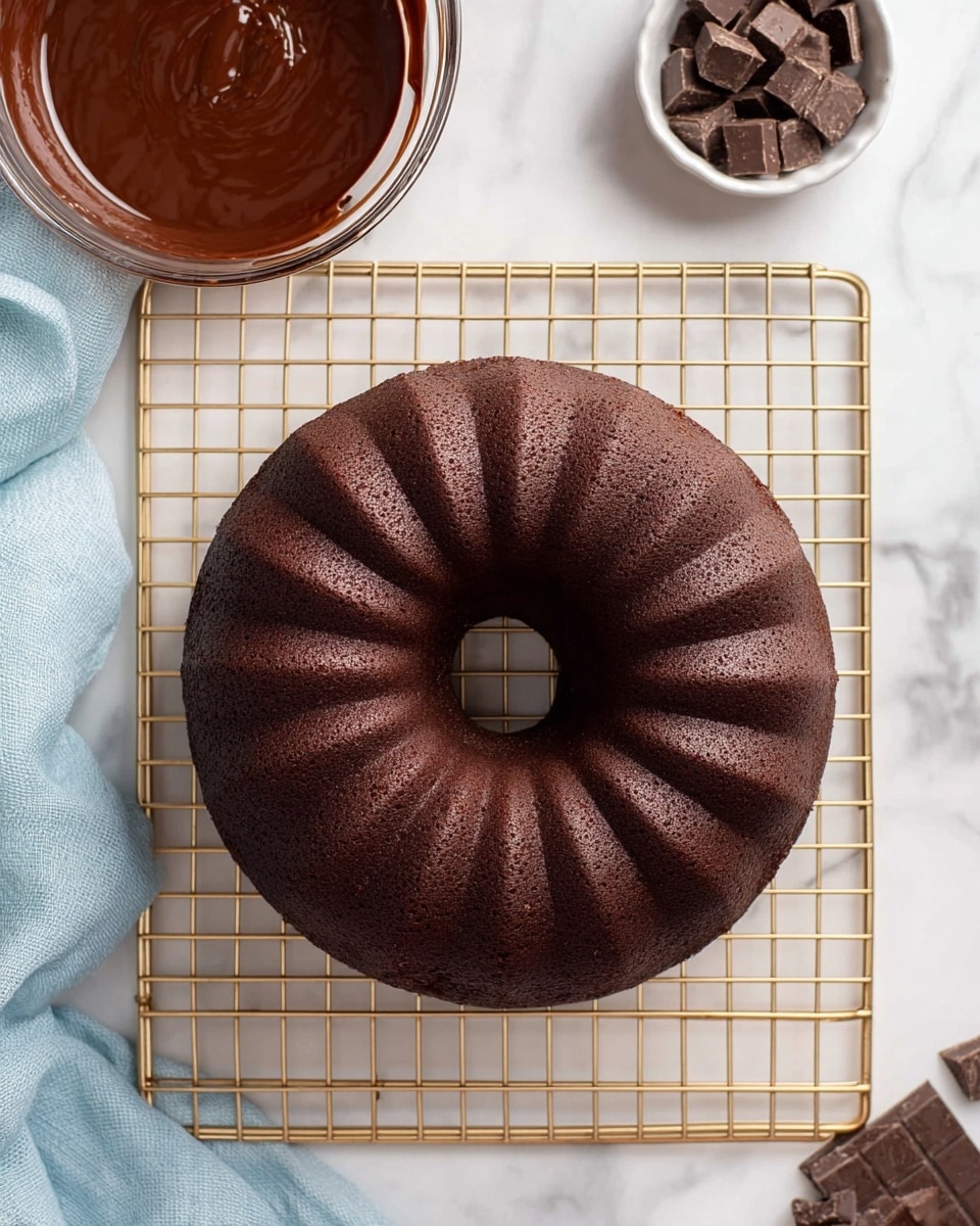 A single dark brown chocolate bundt cake is shown on a gold cooling rack. The cake has a smooth, slightly shiny surface with distinct ridges made by the bundt pan, forming a ring shape with a hole in the middle. To the top left, there is a clear glass bowl filled with thick, dark chocolate glaze with a shiny and smooth texture. In the top right corner, small chunks of chocolate are scattered on the white marbled surface next to a small white bowl filled with more chocolate chunks. A soft, light blue cloth is softly folded near the bottom left corner on the white marbled background. photo taken with an iphone --ar 4:5 --v 7