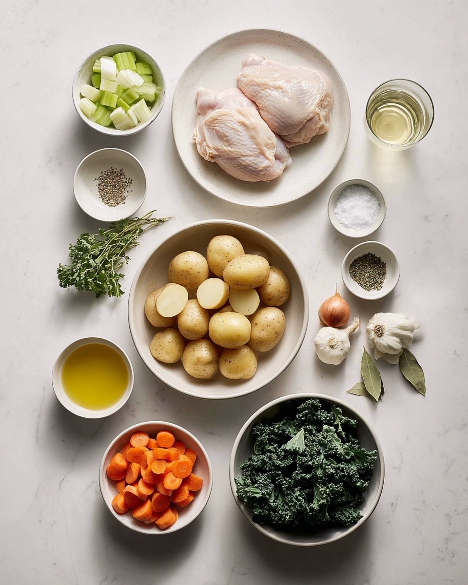 The image shows several white bowls and plates with ingredients neatly arranged on a white marbled surface. At the top center, a white plate holds two raw pale pink chicken pieces side by side. Below that, a larger white bowl is filled with halved and whole light brown potatoes. To the left, a smaller white bowl contains chopped celery, and next to it is a tiny bowl with golden oil. On the bottom left, a white bowl has sliced bright orange carrots. To the right of the potatoes, a white bowl is filled with curly dark green kale. Surrounding these larger bowls are small white bowls holding coarse salt, chopped green herbs, a brown shallot, whole garlic cloves, dried thyme, black pepper, and a bay leaf. A tall clear glass with a pale yellow liquid is seen at the top right. The ingredients are laid out neatly with soft, natural light. photo taken with an iphone --ar 4:5 --v 7