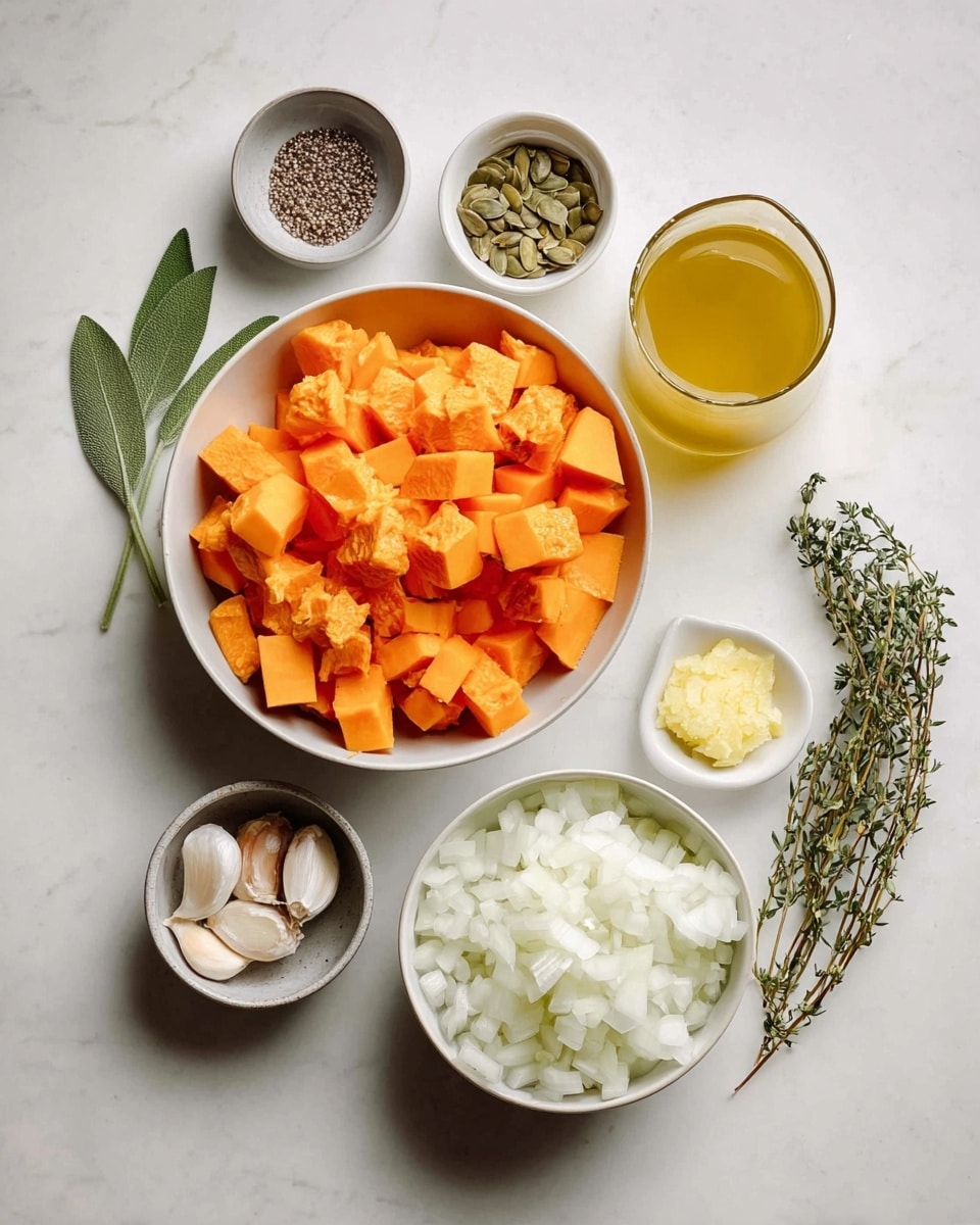 The image shows several ingredients arranged neatly on a white marbled surface. In the center, there is a white bowl filled with bright orange chopped pumpkin pieces. Below it, there is another white bowl filled with chopped white onions. To the right of the pumpkin bowl, a small white dish holds a dollop of light yellow minced ginger. Above this, a small white bowl contains some olive oil. A tall glass with a yellowish broth stands behind the pumpkin bowl. To the left, small gray bowls hold garlic cloves and a mix of salt and pepper. Above these, a small white bowl contains pumpkin seeds. Fresh green herbs, including sage leaves and thyme sprigs, are placed to the bottom left side of the bowls. The setup is clean and bright, with every ingredient clearly visible. Photo taken with an iphone --ar 4:5 --v 7