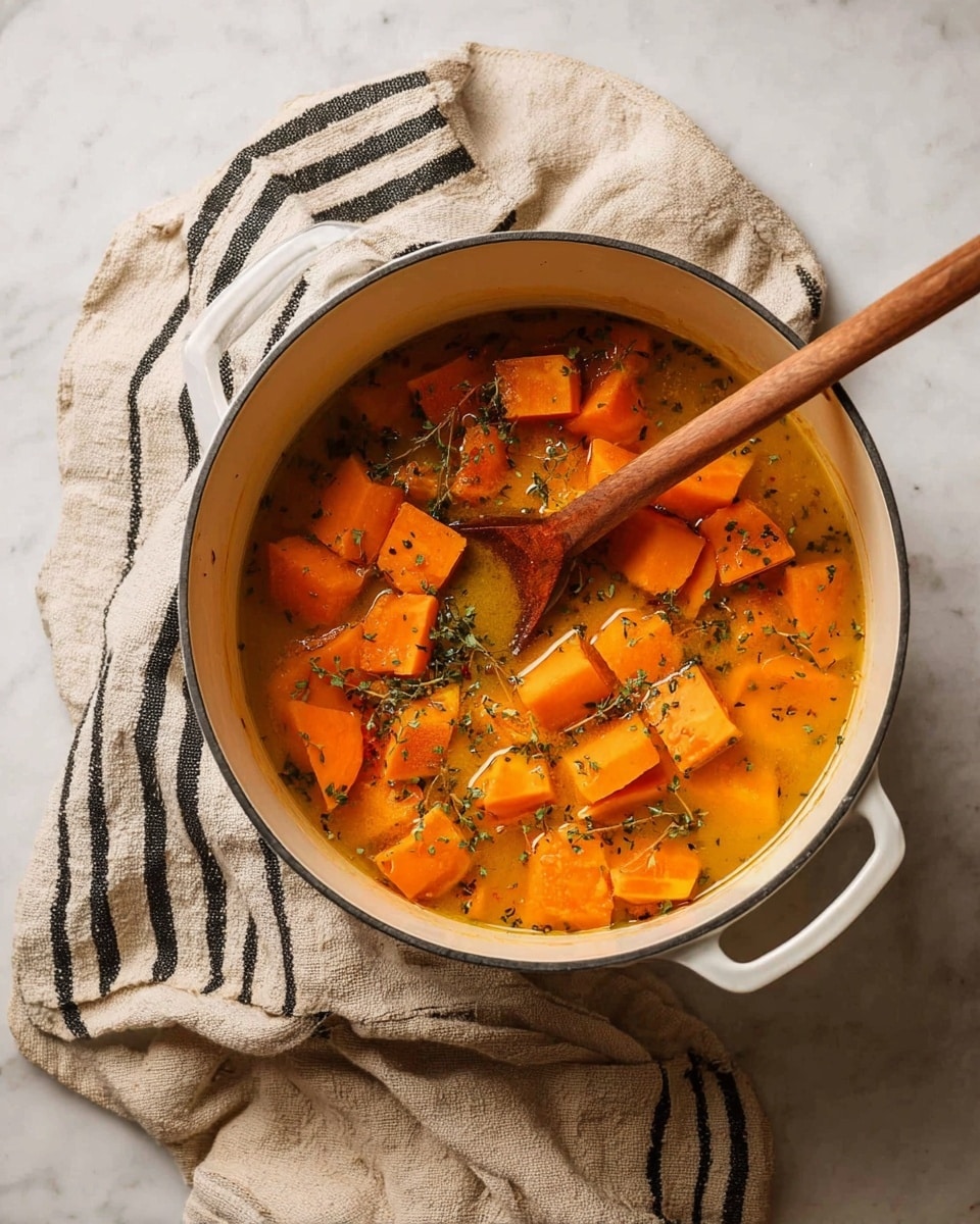 A white pot filled with chunks of orange vegetables soaked in orange broth, sprinkled with small green herb pieces, has a wooden spoon resting inside. The pot sits on a crumpled beige cloth with black stripes on a white marbled surface. Photo taken with an iphone --ar 4:5 --v 7