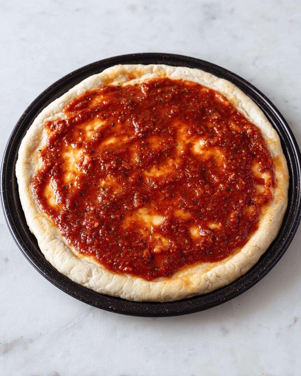A single round pizza crust with a light beige color and a slightly textured surface sits on a black round pizza pan. On top of the crust is a thick layer of red tomato sauce spread evenly, showing some patches of the crust underneath. The sauce has a glossy, fresh appearance with small bits of herbs visible throughout. The background is a white marbled surface. photo taken with an iphone --ar 4:5 --v 7