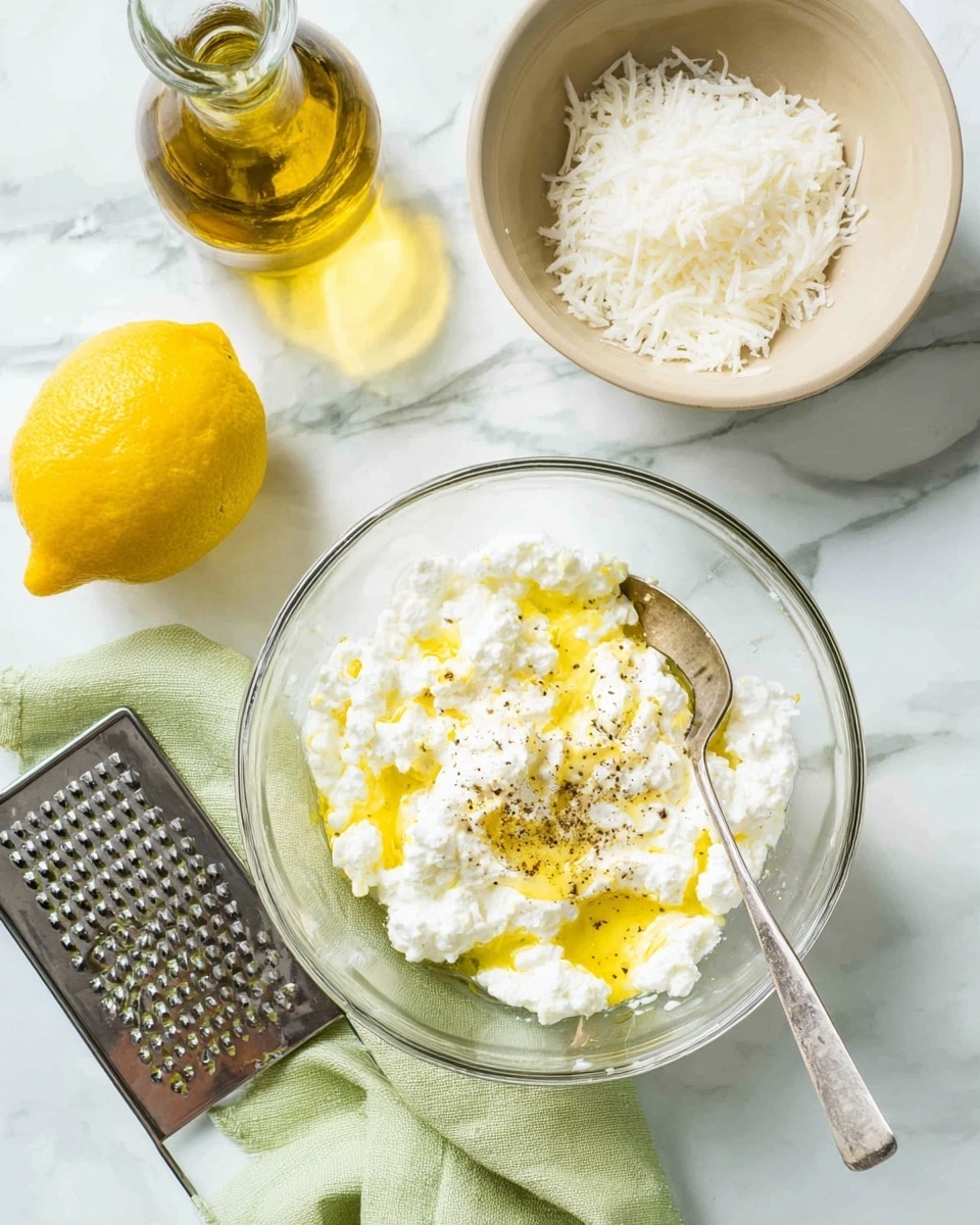 A clear glass bowl sits on a white marbled surface with a mixture of white cottage cheese topped with a drizzle of yellow olive oil and a sprinkle of black pepper, with a silver spoon resting inside. To the left, a whole bright yellow lemon and a silver grater with fine holes lie flat on the surface. Above the bowl, there is a beige bowl filled with finely grated white cheese resting on a light green cloth. A glass bottle of golden olive oil is placed near the top left corner, its light shining through the transparent glass. Photo taken with an iphone --ar 4:5 --v 7