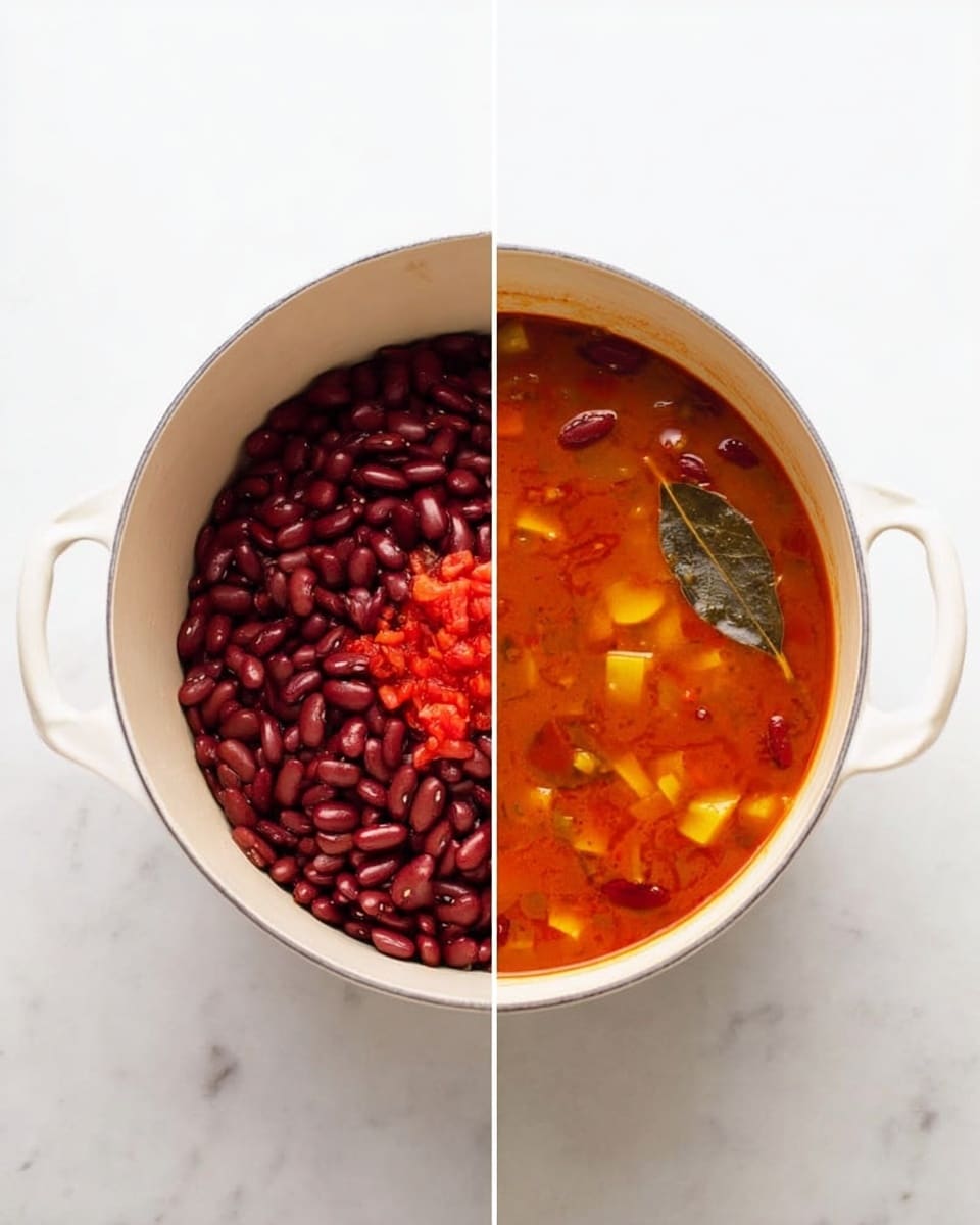 A white pot with two handles is placed on a white marbled surface, shown from above in two side-by-side shots. The left image shows layers of dark red kidney beans covering most of the pot's bottom, with a small pile of bright red chopped tomatoes in the center. The right image shows the same pot filled with a rich orange-red liquid soup with small pieces of red and yellow vegetables floating around, topped by a single dark green bay leaf in the middle. photo taken with an iphone --ar 4:5 --v 7