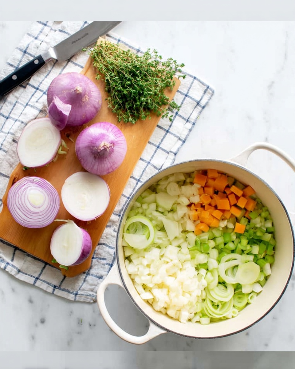 The image shows two parts: on the left, there is a white wooden board with five purple and white round vegetables, two of which are sliced to show the white inside, a bunch of green herbs with leaves, and a large knife with a black handle on a white and blue checkered cloth. On the right, a white pot with two handles sits on a white marbled surface, filled with layers of chopped vegetables. The bottom layer is white and finely chopped, with orange cubes on top, followed by chopped light green pieces, and topped with pale green rings that look like sliced leeks. The colors are clean and fresh, with a bright and simple background. Photo taken with an iphone --ar 4:5 --v 7
