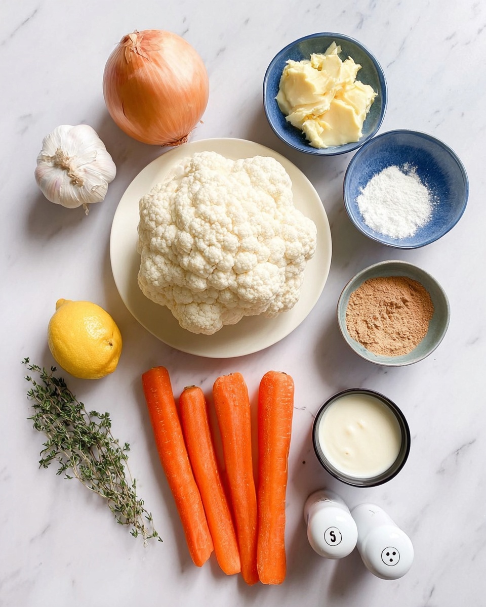 The image shows fresh ingredients neatly arranged on a white marbled surface. At the center is a white plate holding a white cauliflower head surrounded by four bright orange carrots lying horizontally. To the left of the plate is a whole garlic bulb, a round light brown onion, and a halved lemon with its yellow inside visible. Above the lemon are two sprigs of green thyme. At the top right, two blue bowls hold a dollop of light yellow butter and white flour. Next to them is a small glass jar with brown powder. Near the bottom right, a small black bowl contains cream, and there are white salt and pepper shakers marked