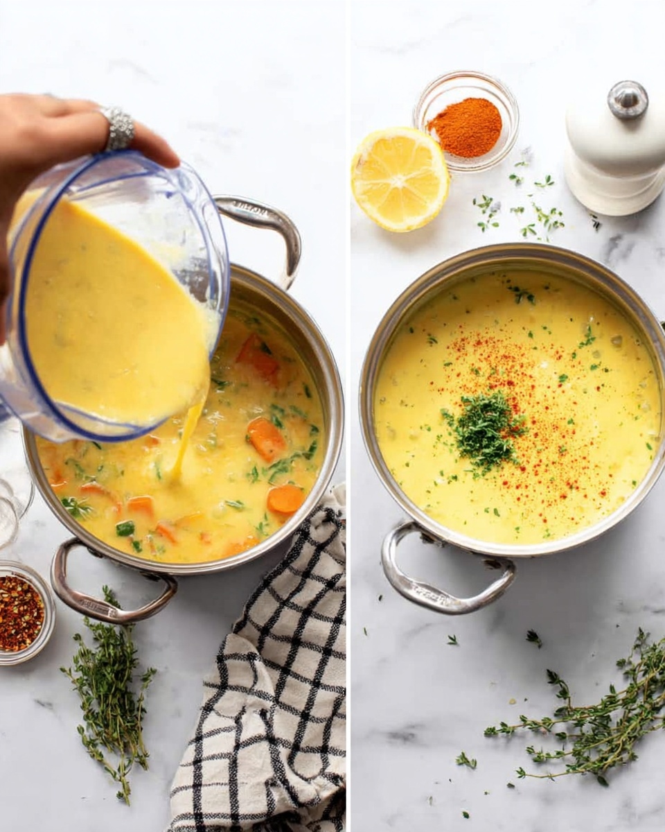 The image shows two pots on a white marbled surface. On the left side, a woman's hand is pouring a thick yellow mixture from a clear blender jar into a silver pot containing a creamy soup with visible pieces of orange carrot and green herbs. On the right side, the silver pot holds a smooth yellow soup topped with a sprinkle of red spice and a small bunch of chopped green herbs. Around the pot, there is a lemon cut in half, a small bowl with red spice, a sprig of fresh thyme, a white pepper grinder, and a black and white checkered cloth. Photo taken with an iphone --ar 4:5 --v 7