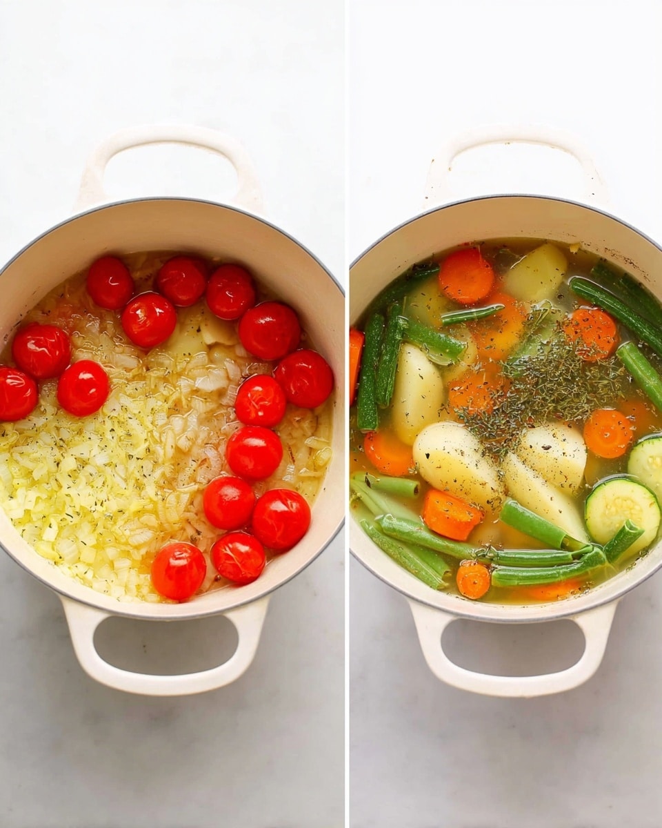 Two images side by side show a white cooking pot on a white marbled surface. The left pot contains a layer of cooked chopped onions at the bottom, golden and soft in texture, topped with halved bright red cherry tomatoes scattered evenly. The right pot is filled with a layered vegetable soup. At the bottom are large pale potato wedges partly submerged in clear broth, surrounded by bright orange carrot slices, small green zucchini rounds, and pieces of chopped green beans spread all around. The soup surface is sprinkled with dried herbs and black pepper. Photo taken with an iphone --ar 4:5 --v 7