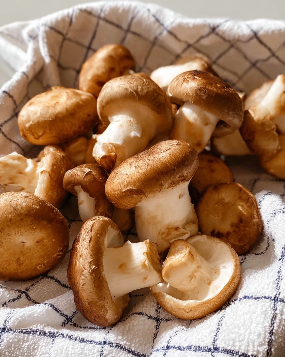 A close-up show of many fresh brown mushrooms with smooth, slightly rough tops and thick pale stems, arranged on a soft white towel with a blue grid pattern, showing some mushrooms facing upwards displaying their rounded caps while others show their stems and undersides. The scene has natural light making the colors look warm and soft, with the texture of the mushroom surfaces and the fabric clearly visible. Photo taken with an iphone --ar 4:5 --v 7