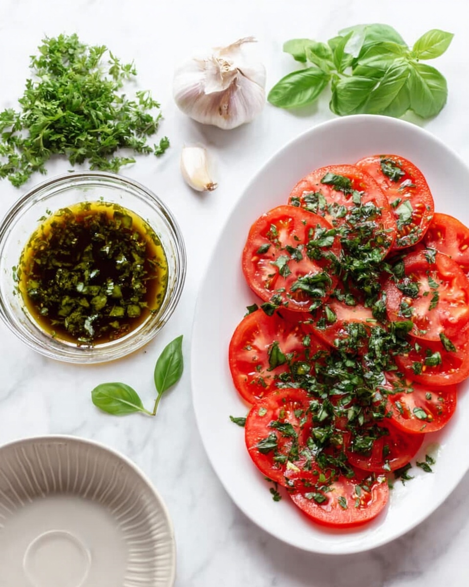 The image shows a white oval plate filled with a single layer of bright red tomato slices evenly spread out. Over the tomatoes, generous bits of finely chopped dark green herbs are scattered, giving a fresh look. To the left, there is a small, clear glass bowl containing a dark green herb oil mix with visible herb pieces floating in it. Fresh green herb leaves, including basil and parsley, are placed around the bowl and on the white marbled surface. A portion of garlic bulb with a light pink clove showing rests near the top, and an empty white bowl with a ridged texture is at the bottom left. Photo taken with an iphone --ar 4:5 --v 7