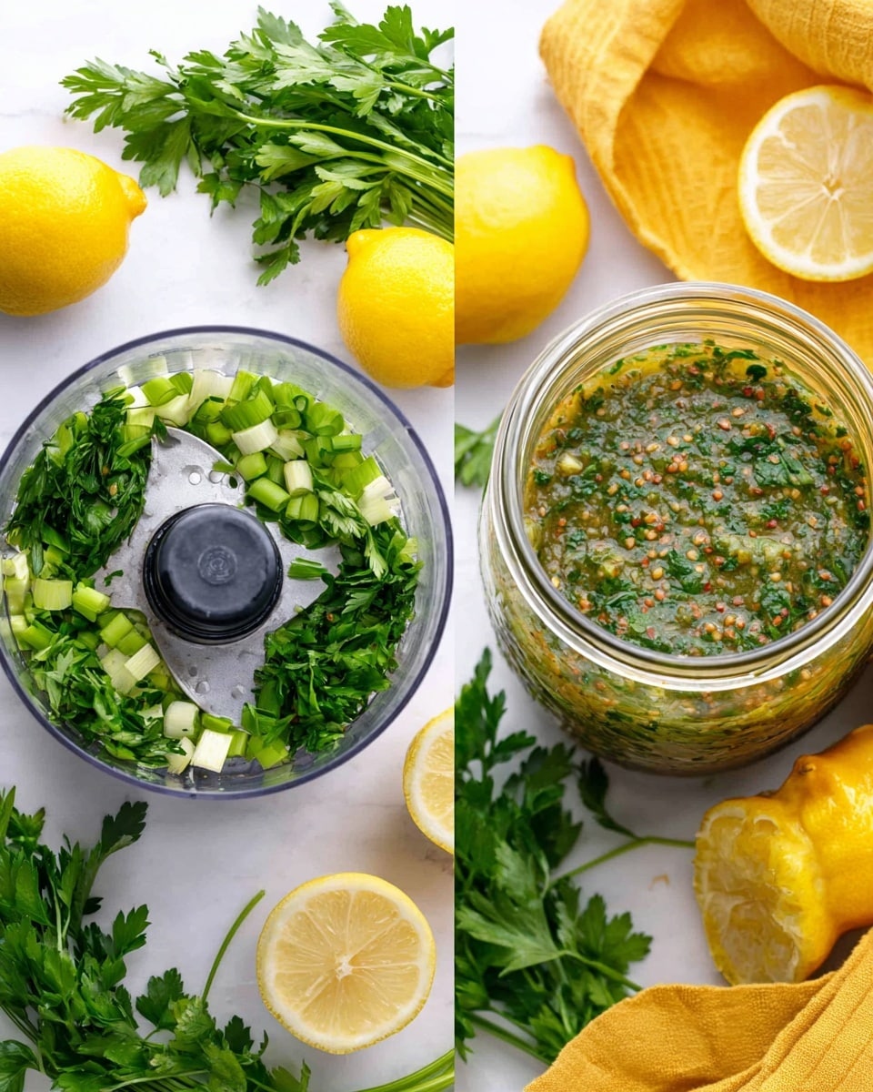 The image shows two side-by-side photos on a white marbled surface. On the left, there is a clear food processor bowl with visible blades in the center, filled with bright green chopped parsley leaves and pale green chopped scallions around the blade. Surrounding this bowl, there are whole and halved yellow lemons, some parsley sprigs, and a folded yellow cloth. On the right, there is a clear glass jar filled with a mixed green sauce with visible mustard seeds and finely chopped herbs, with a halved lemon and green parsley nearby, and part of the same yellow cloth in the scene. Photo taken with an iphone --ar 4:5 --v 7