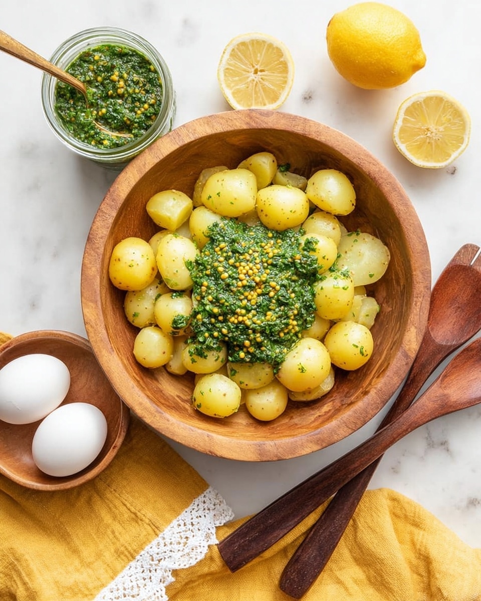 In a large wooden bowl, there are one layer of small yellow potato halves gathered in the center, topped with a bright green herb sauce sprinkled with yellow mustard seeds. Around the bowl, on a white marbled surface, are two lemon halves, a small glass jar filled with the same green sauce with a spoon inside, and a small white bowl holding three plain white eggs. A mustard yellow cloth with white trim lies near two wooden utensils with long dark handles, adding warm tones to the scene. The photo is taken with an iphone --ar 4:5 --v 7