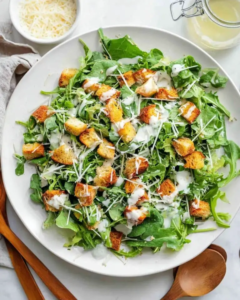 Arugula Spinach Salad with Lemon Yogurt Dressing and Homemade Croutons Recipe