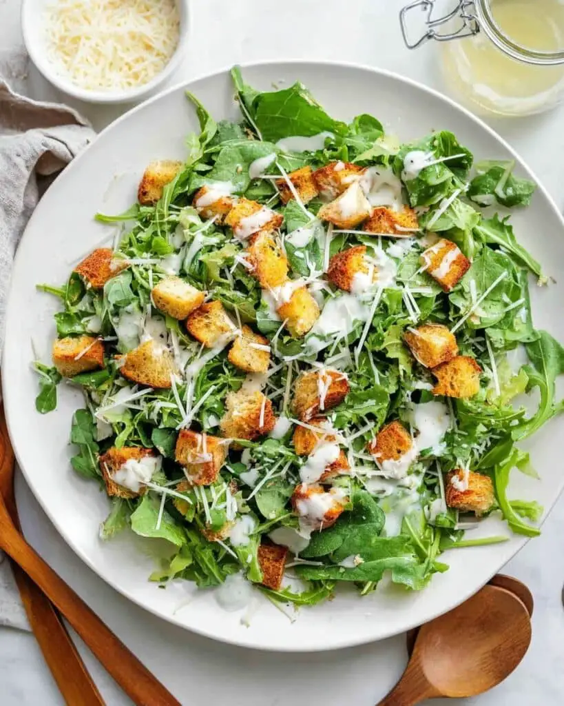Arugula Spinach Salad with Lemon Yogurt Dressing and Homemade Croutons Recipe