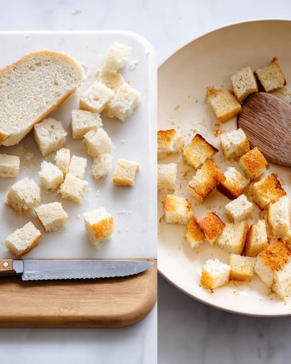 The image shows two parts: on the left, there is a white marbled cutting board with a soft white bread loaf at the top and small cubes of white bread scattered below it, in front of a knife with a wooden handle lying sideways. The bread cubes are soft and fluffy with a light golden crust on some edges. On the right side, there is a white frying pan with golden-brown toasted bread cubes inside, showing different levels of crispiness and browning, and a wooden spoon resting on the right edge of the pan. The whole scene is set on a white marbled surface. photo taken with an iphone --ar 4:5 --v 7