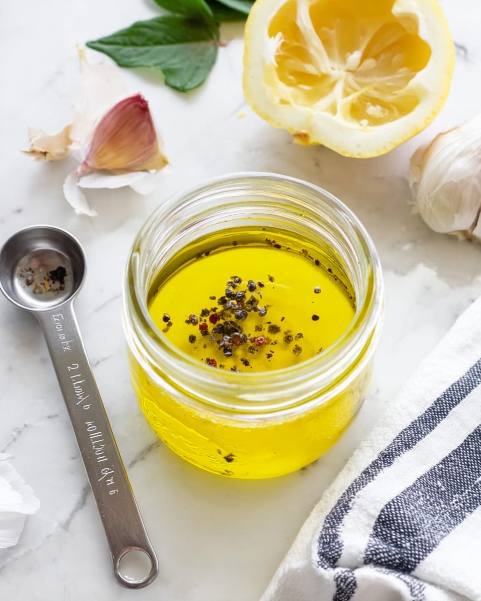 A small glass jar filled with bright yellow olive oil with black pepper sprinkled on top, sitting on a white marbled surface. Above the jar is a halved lemon showing its pale yellow juicy inside, next to a whole garlic bulb with some outer skin peeled off. To the left of the jar is a silver measuring spoon marked