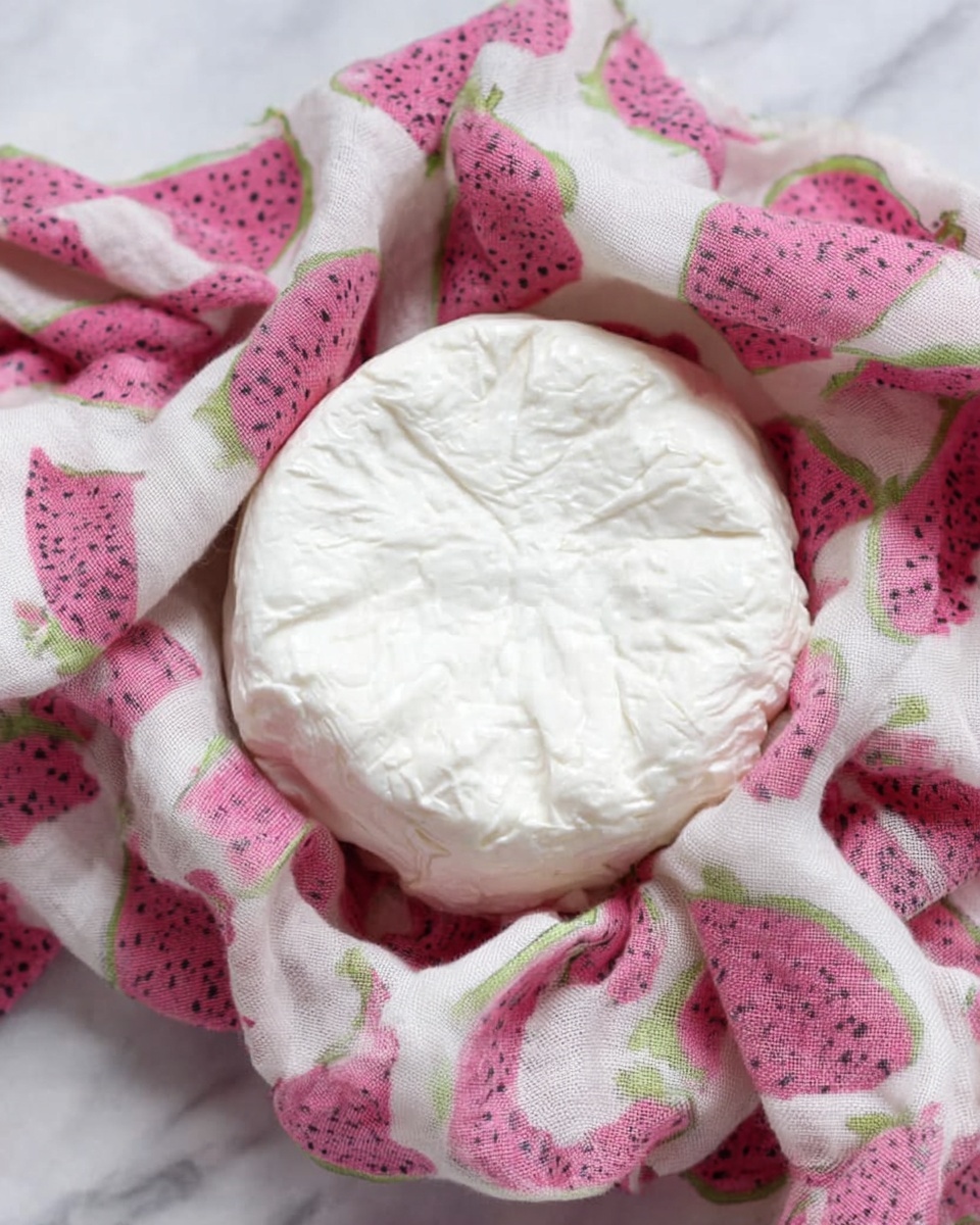 Creamy Ricotta and Dark Chocolate Delight Recipe 4 A round, white cheese with a smooth, slightly wrinkled surface sits wrapped loosely in a cloth printed with white, pink, and green patterns resembling dragon fruit slices. The cheese rests on the cloth, which is crumpled up around the cheese in soft folds, creating a cozy, textured frame. The background is a white marbled texture. photo taken with an iphone --ar 4:5 --v 7
