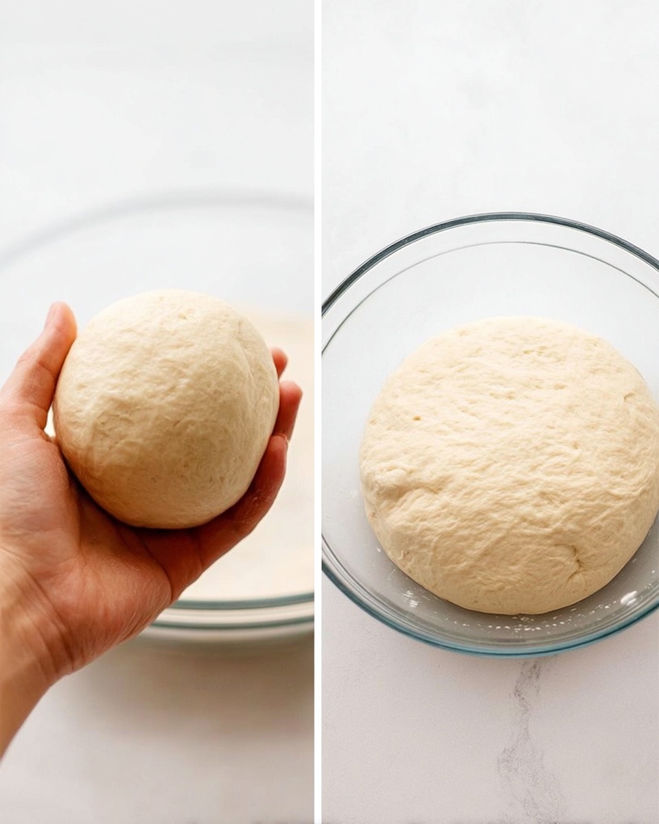 A clear glass bowl sits on a white marbled surface, filled with light beige dough that has a smooth, slightly bumpy texture. In the left part of the image, a woman's hand is holding a round ball of the dough, showing its soft and elastic form. The right side shows the dough resting inside the same clear bowl, where it has risen to fill more space, looking puffed and airy. The background is plain white, keeping focus on the dough and the woman's hand. photo taken with an iphone --ar 4:5 --v 7