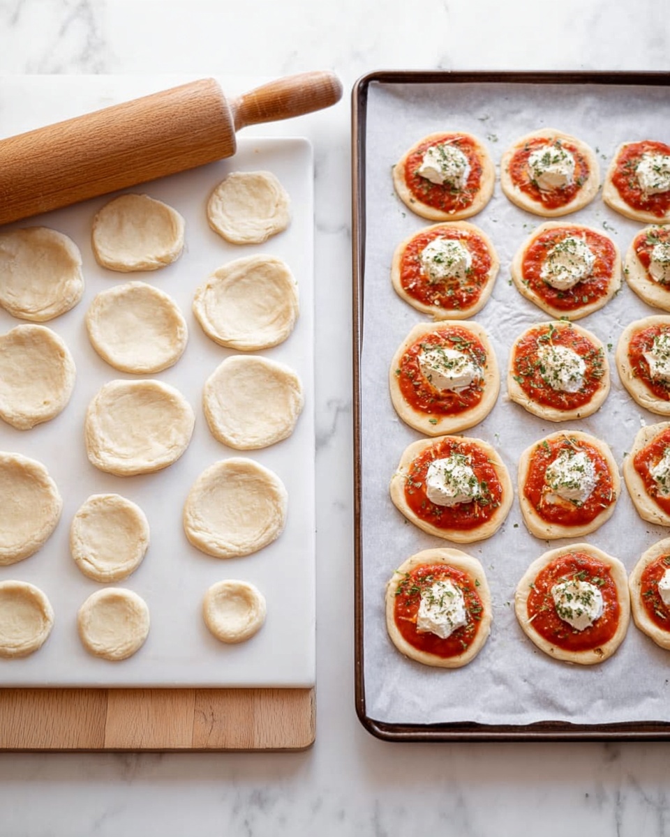 The image shows two side-by-side scenes on a white marbled surface. On the left, there is a wooden rolling pin next to a white board with rolled out dough, where twelve small round dough pieces have been cut out but still attached in some places, with extra dough around the edges and four separate small circles placed near the board. On the right side, a baking tray lined with parchment paper holds 18 small round pizza dough bases. Each dough base is topped with a layer of bright red tomato sauce spread evenly, a dollop of white cheese in the center, and sprinkled with green dried herbs. photo taken with an iphone --ar 4:5 --v 7