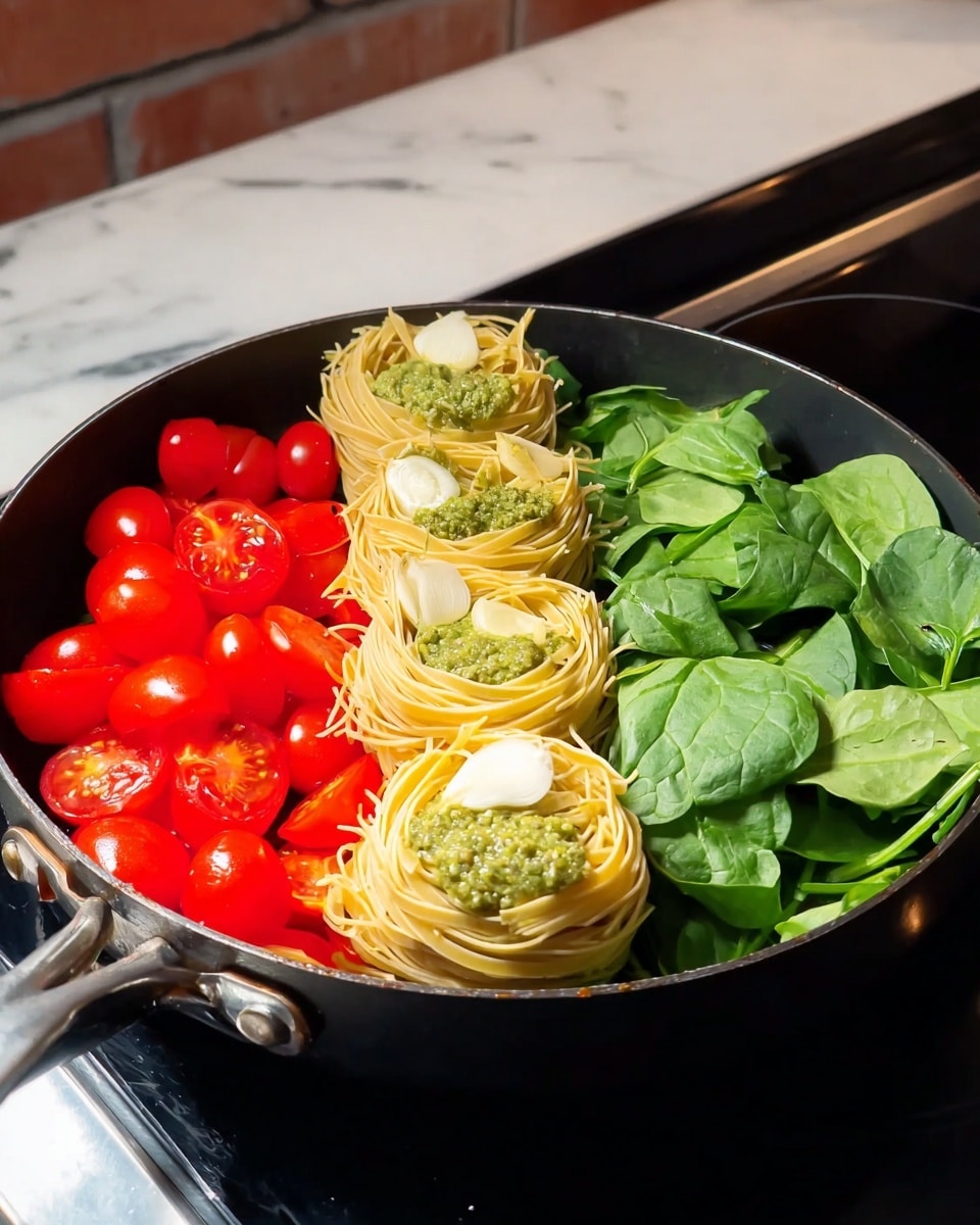 A black pan on a white marbled surface holds the ingredients for a dish arranged in three sections. On the left side, there are bright red halved cherry tomatoes, topped with thin slices of garlic. In the middle, there are four nests of pale yellow uncooked tagliatelle pasta, each topped with a dollop of green pesto sauce and some garlic slices. On the right side, there is a pile of fresh dark green spinach leaves. The pan is set on a stovetop with a shiny black glass surface, and the background shows a brick wall. Photo taken with an iphone --ar 4:5 --v 7