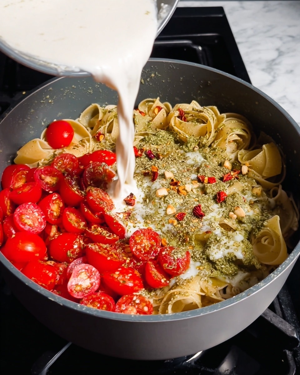 A close-up view of a black pan filled with creamy pasta made of long, flat noodles covered in a thick, light yellow sauce. The pasta includes visible pieces of orange carrots, green peas, and dark green leafy vegetables, all mixed into the sauce. A fork lifts a swirl of noodles covered with the sauce and vegetables from the pan. The pan rests on a wooden board with a white marbled surface in the background. photo taken with an iphone --ar 4:5 --v 7