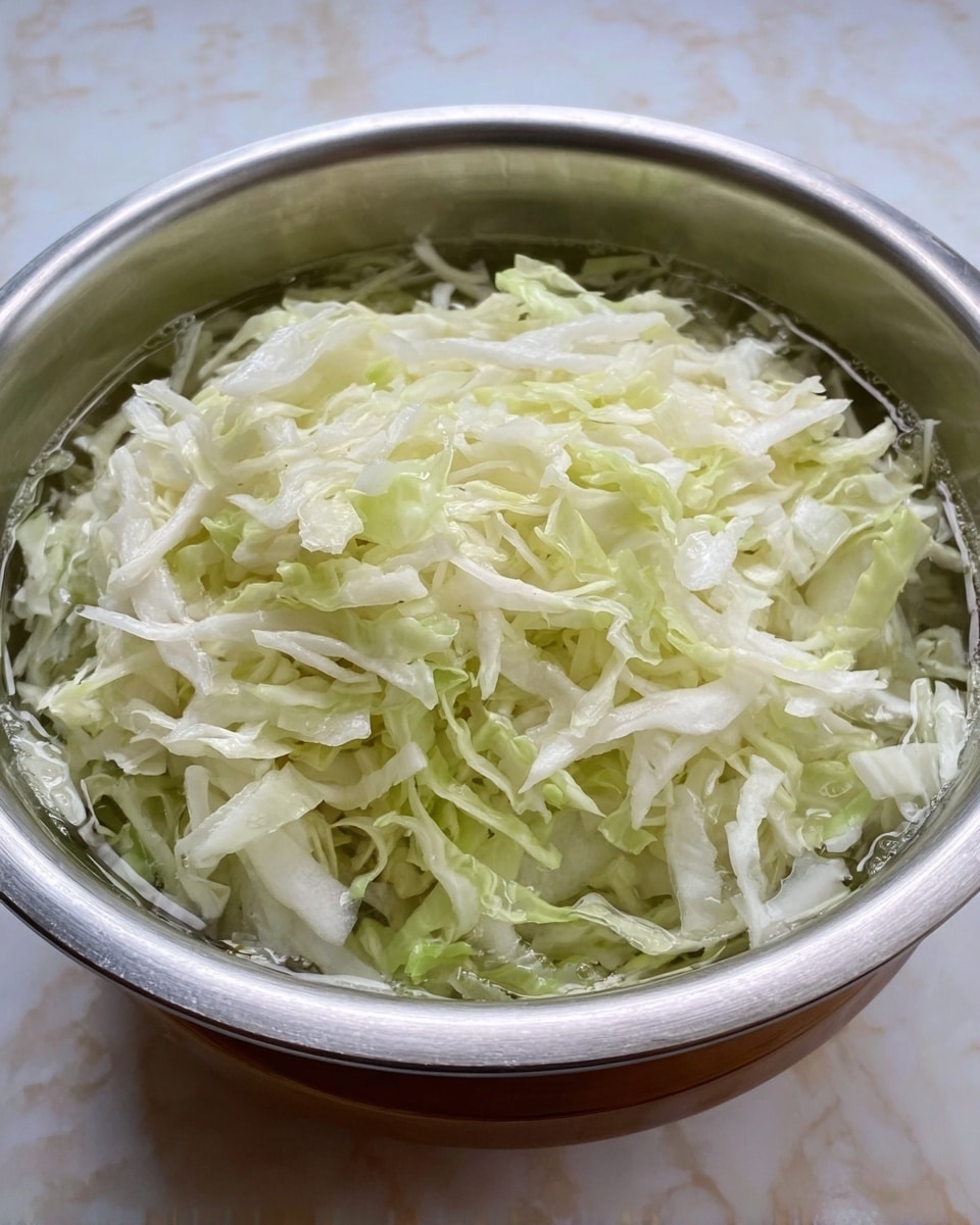 A silver metal bowl filled with layers of shredded pale green and white cabbage leaves soaked in clear water, showing the thin, crinkled texture and crisp edges of the cabbage strips, all resting on a white marbled surface photo taken with an iphone --ar 4:5 --v 7