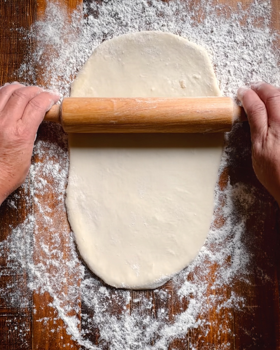 Two woman's hands are rolling out a single layer of pale dough into a rough oval shape on a wooden surface dusted with white flour. The wooden rolling pin is held horizontally across the top edge of the dough, which has a smooth texture with slightly uneven edges. The surrounding flour adds a contrast of white spots on the brown wood grain underneath. photo taken with an iphone --ar 4:5 --v 7