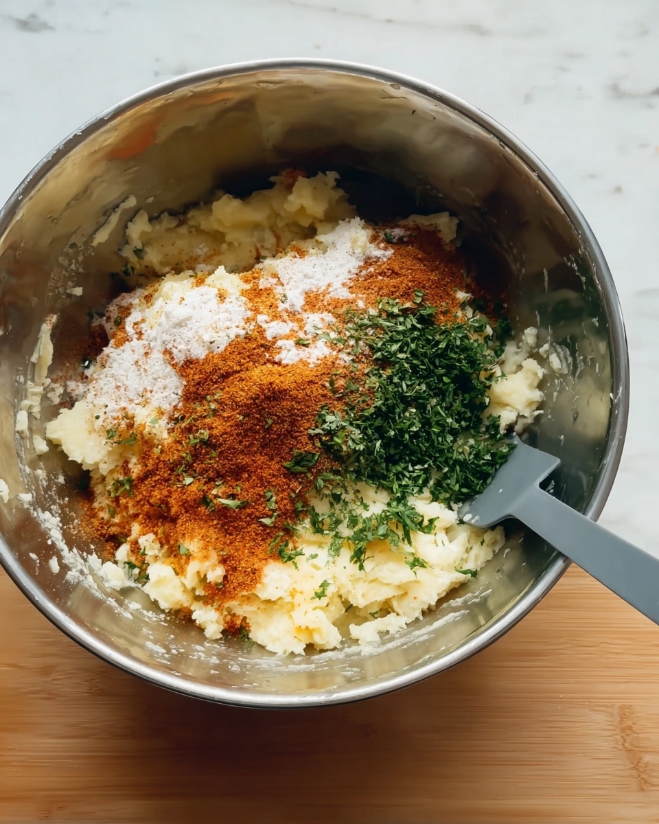 A metal mixing bowl sits on a white marbled surface filled with a mixture of three main layers: the base layer of pale mashed potatoes with a soft, lumpy texture; a middle layer of white flour sprinkled unevenly on one side; and on top, a reddish-brown spice powder spread widely across the surface. Bright green chopped herbs sit scattered especially at one side, mingling slightly with the spice powder. A grey spatula is partially visible, resting inside the bowl on the right side. The bowl reflects light softly, highlighting the texture and colors of the ingredients photo taken with an iphone --ar 4:5 --v 7