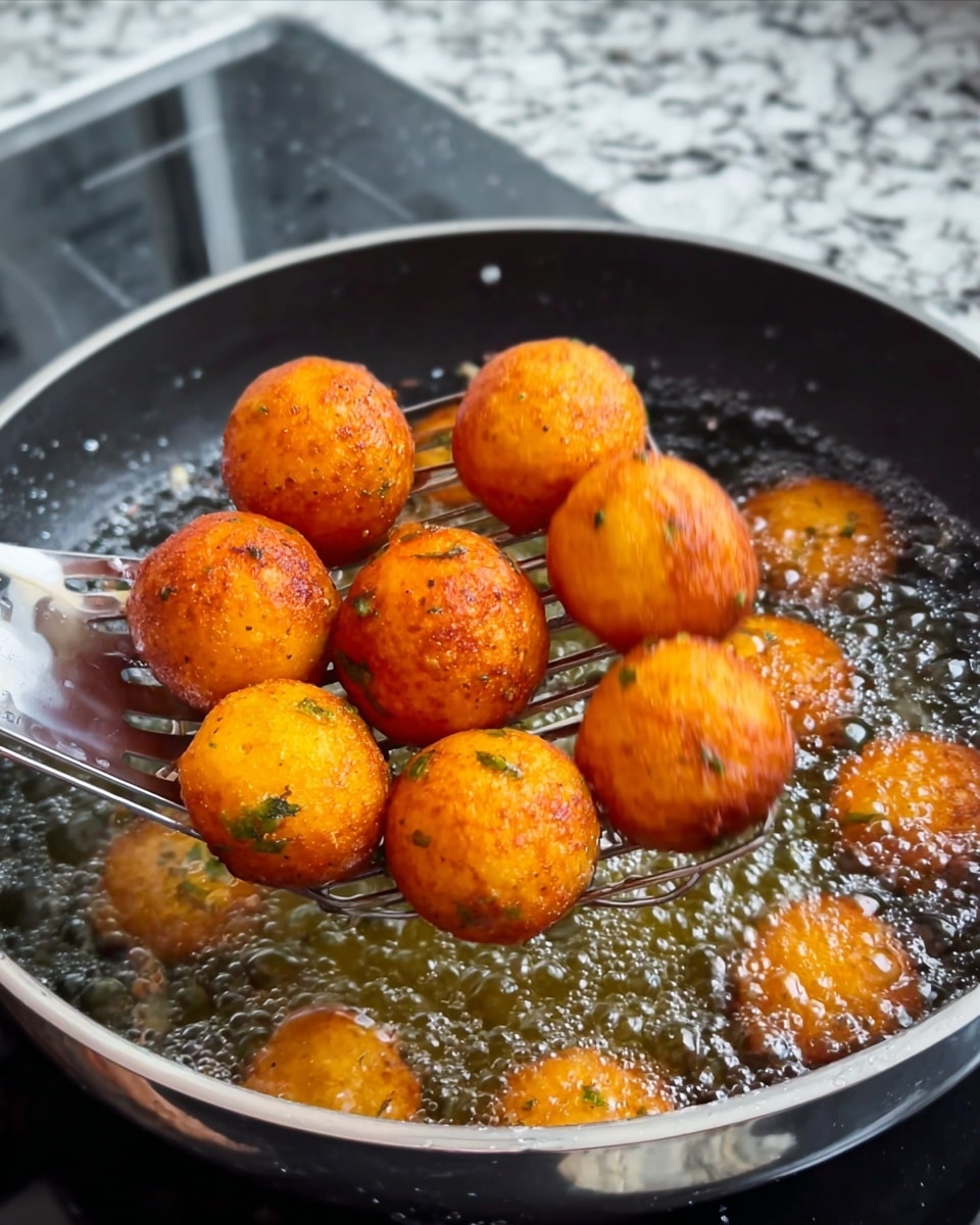 A close-up view of a metal slotted spatula holding eight golden brown round fried balls with a crispy texture and small green herb flecks, lifted above a pan filled with hot oil and more of the same fried balls bubbling underneath. The balls have an even golden-orange color with some darker spots, showing a crunchy outside. The metal spatula is positioned slightly tilted, with oil dripping from the fried balls back into the pan, set on a white marbled stove surface. Photo taken with an iphone --ar 4:5 --v 7