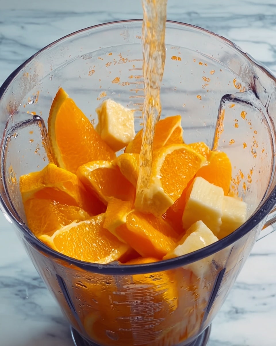 A clear blender cup filled with uneven orange slices and pieces of white pithy fruit. A stream of liquid is pouring from above into the blender, hitting the fruit and creating small splashes. The blender sides show some juice droplets and the orange fruit pieces have a bright, fresh look with soft textures. The background is a white marbled surface. photo taken with an iphone --ar 4:5 --v 7